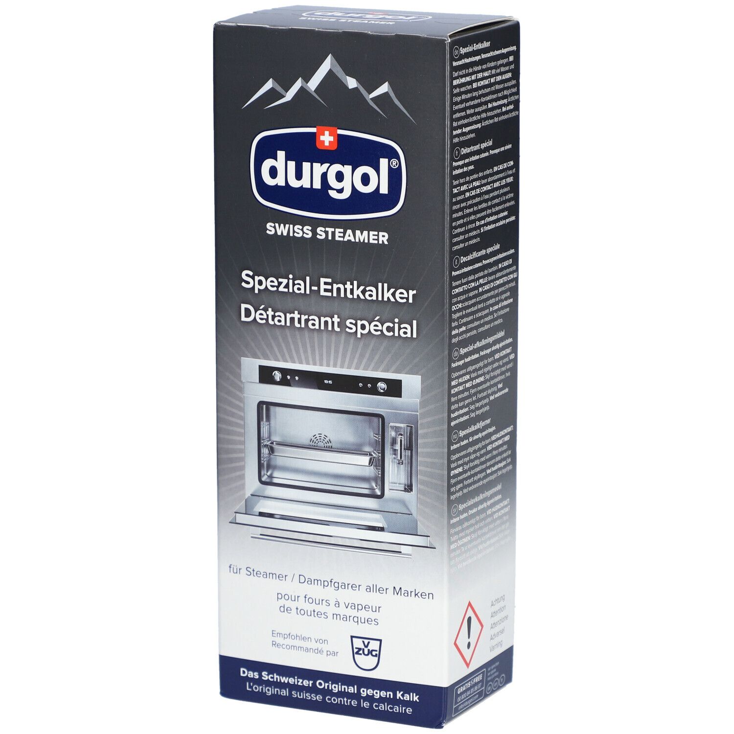 Boîte de détartrant spécial Durgol Swiss Steamer. Contient une image du produit et du texte. Emballage noir avec logo et nom du produit blancs.
