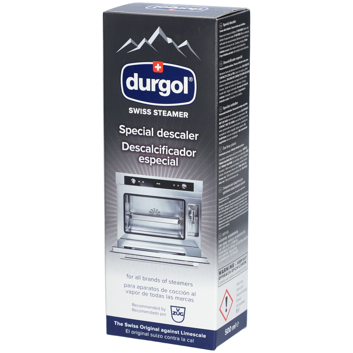 Boîte de détartrant spécial Durgol Swiss Steamer. Contient une image du produit et du texte. Emballage noir avec logo et nom du produit blancs.