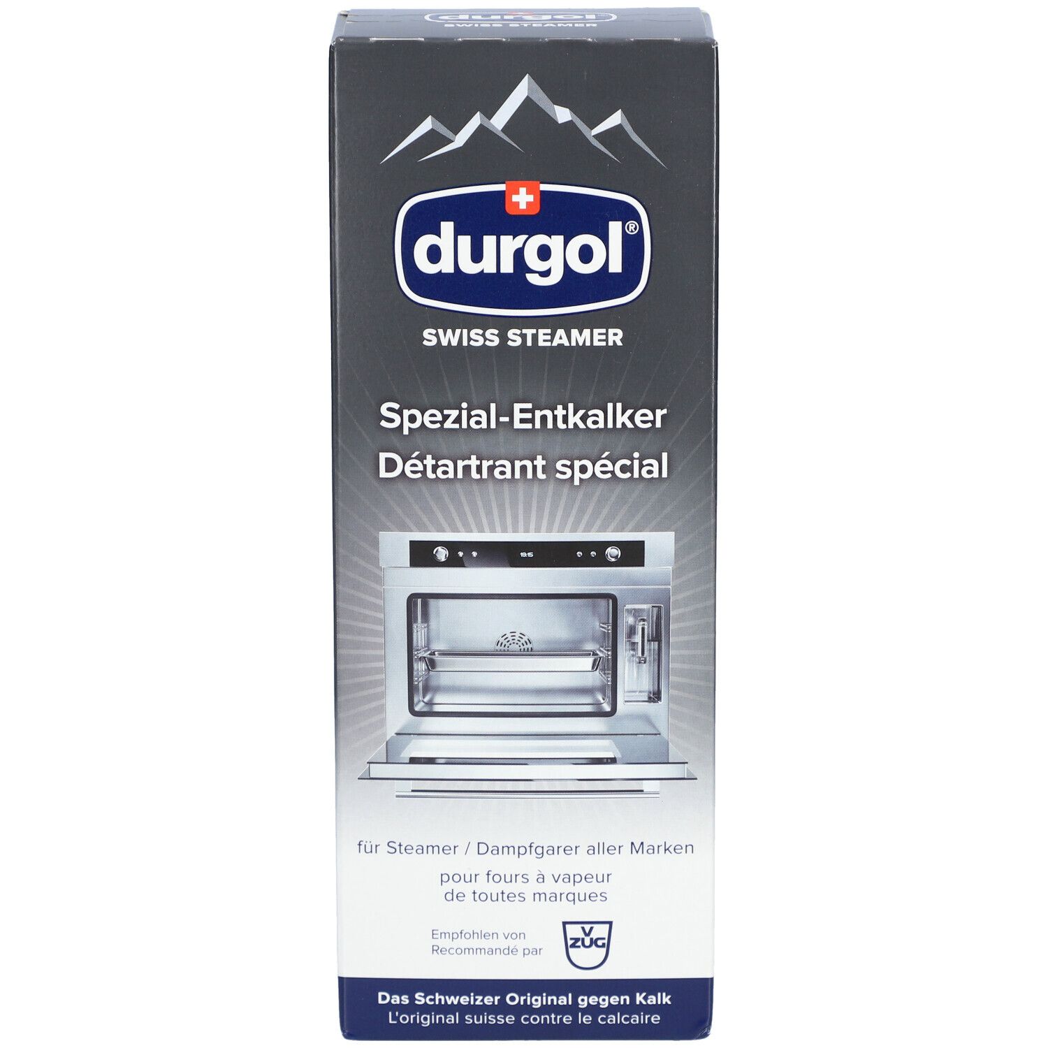 Boîte de détartrant spécial Durgol Swiss Steamer. Contient une image du produit et du texte. Emballage noir avec logo et nom du produit blancs.