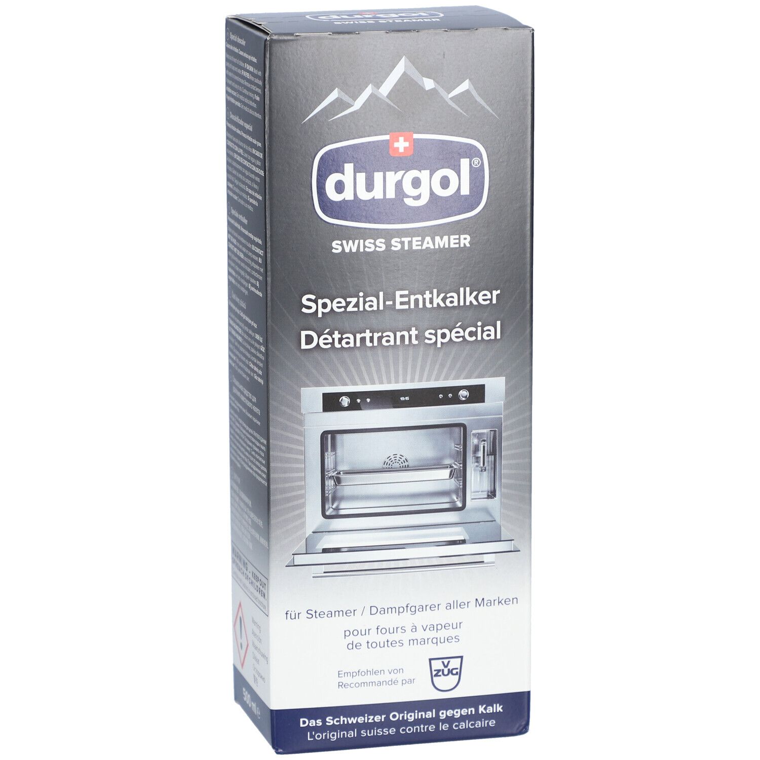 Boîte de détartrant spécial Durgol Swiss Steamer. Contient une image du produit et du texte. Emballage noir avec logo et nom du produit blancs.