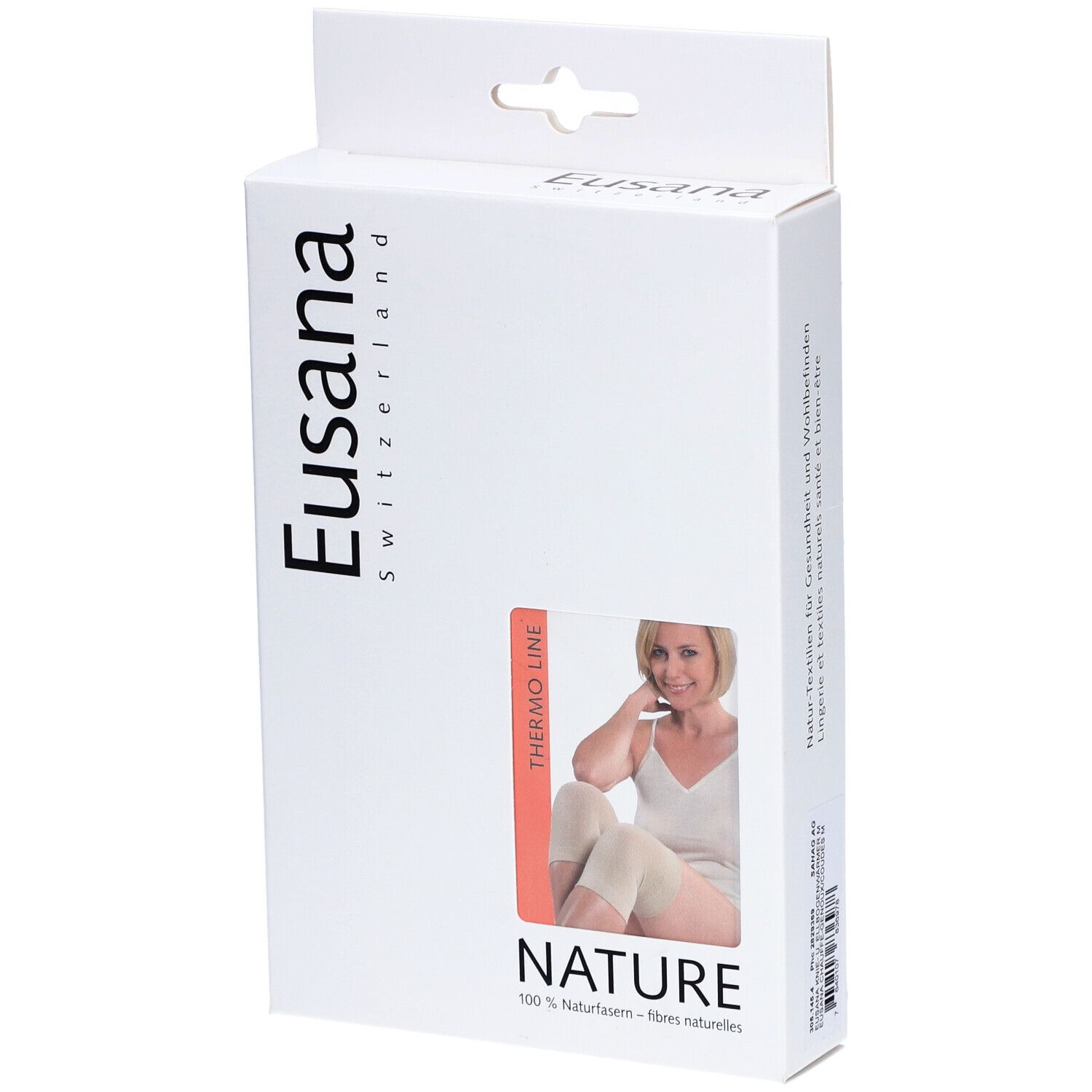 Emballage avec image du produit. Marque : Eusana Switzerland. Produit : Genouillères, beige. Impression : Thermo Line, Nature.
