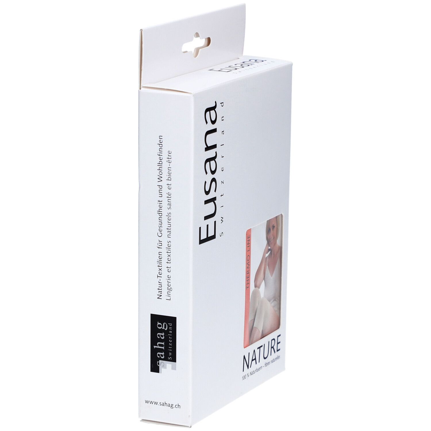 Vue latérale de l'emballage. Marque : Eusana Switzerland. Impression : Nature, Thermo Line. Texte : Textiles naturels pour la santé et le bien-être.