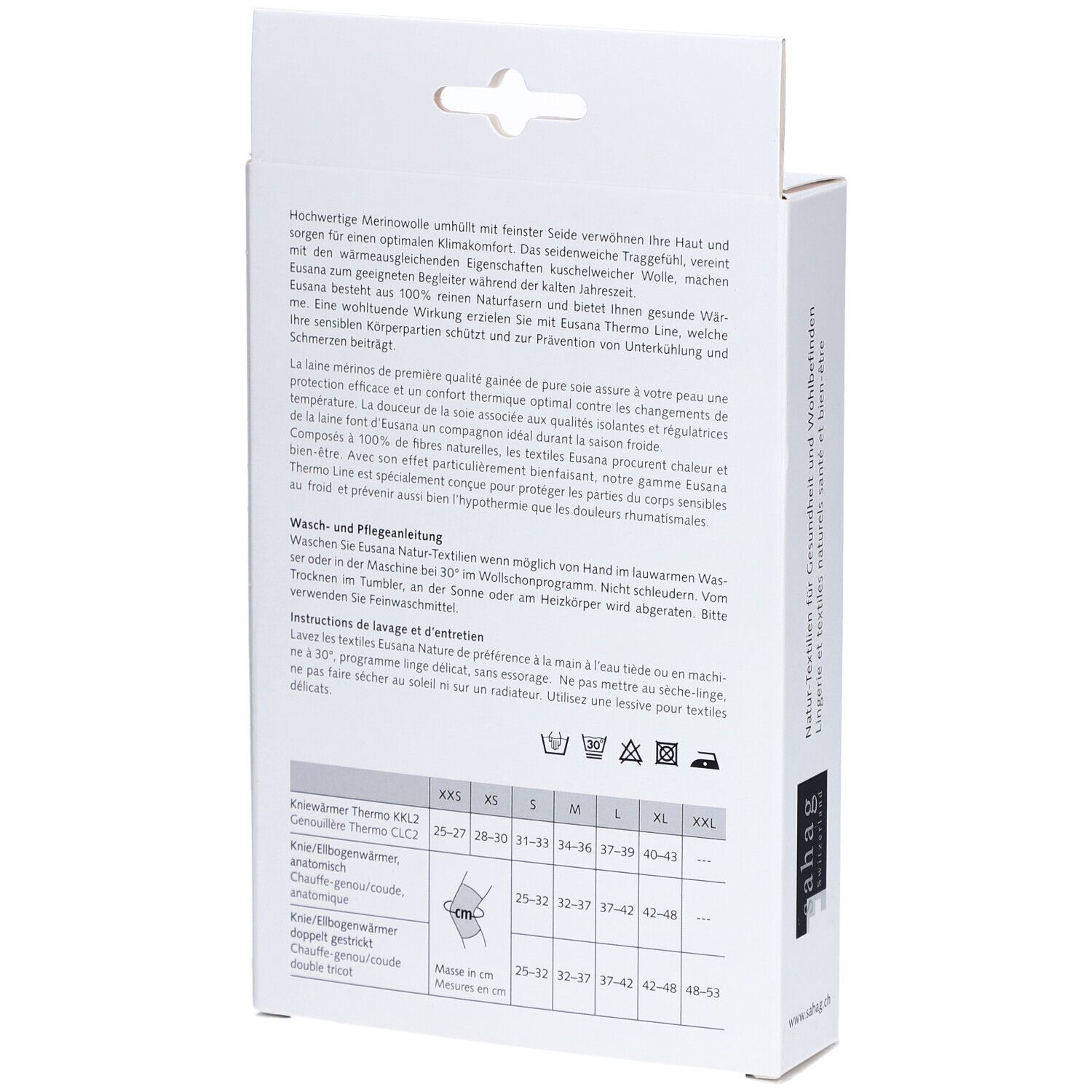 Dos de l'emballage. Texte : Informations sur le matériau, l'entretien et le tableau des tailles. Marque : Eusana. Produit : Genouillères.