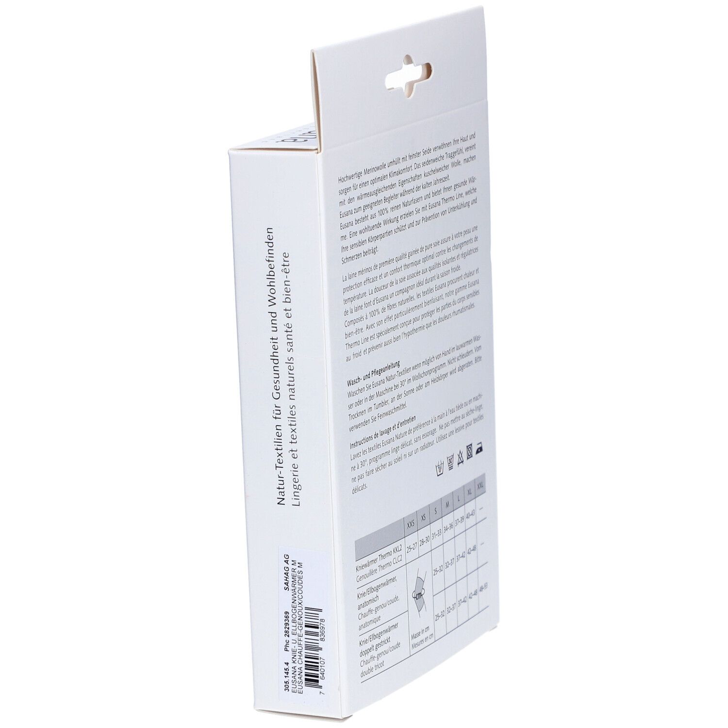 Vue latérale de l'emballage. Texte : Textiles naturels pour la santé et le bien-être. Marque : Eusana. Produit : Genouillères.