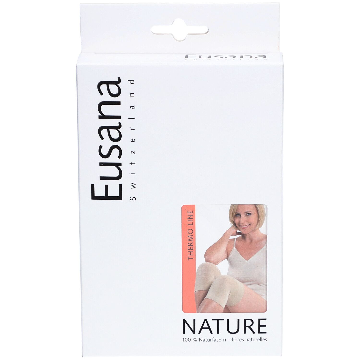 Emballage avec image du produit. Marque : Eusana Switzerland. Produit : Genouillères, beige. Impression : Thermo Line, Nature.