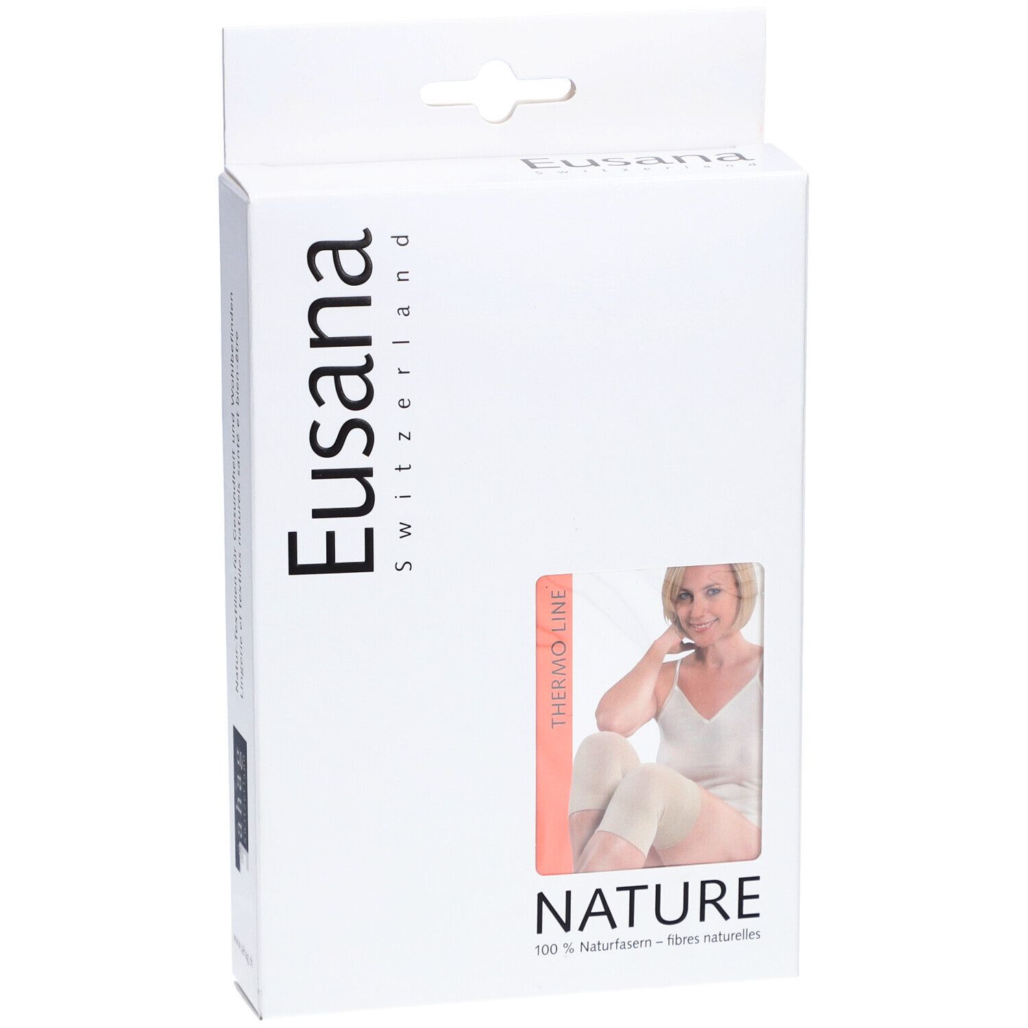 Emballage avec image du produit. Marque : Eusana Switzerland. Produit : Genouillères, beige. Impression : Thermo Line, Nature.