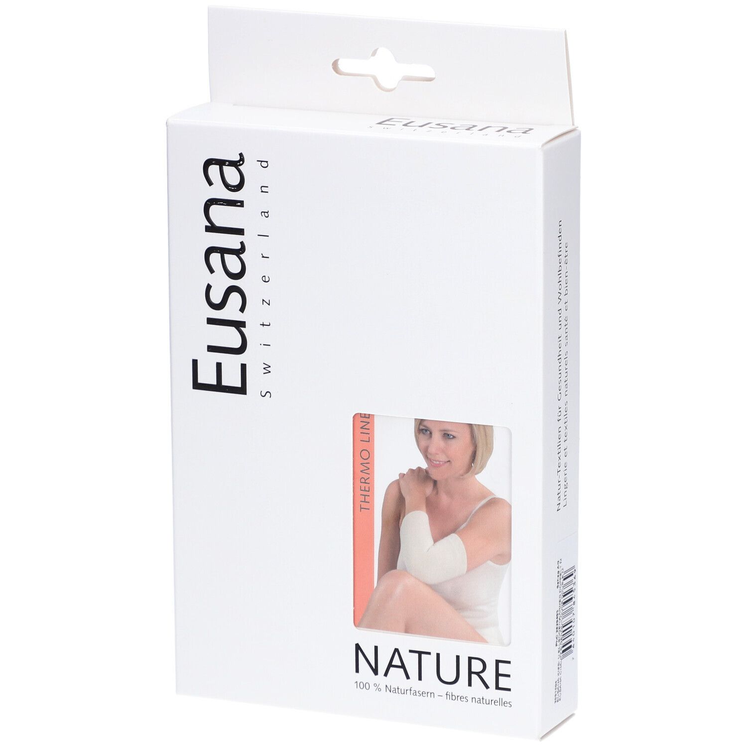 Emballage Eusana, Suisse. Thermo M, fibres naturelles. Image du produit et femme.
