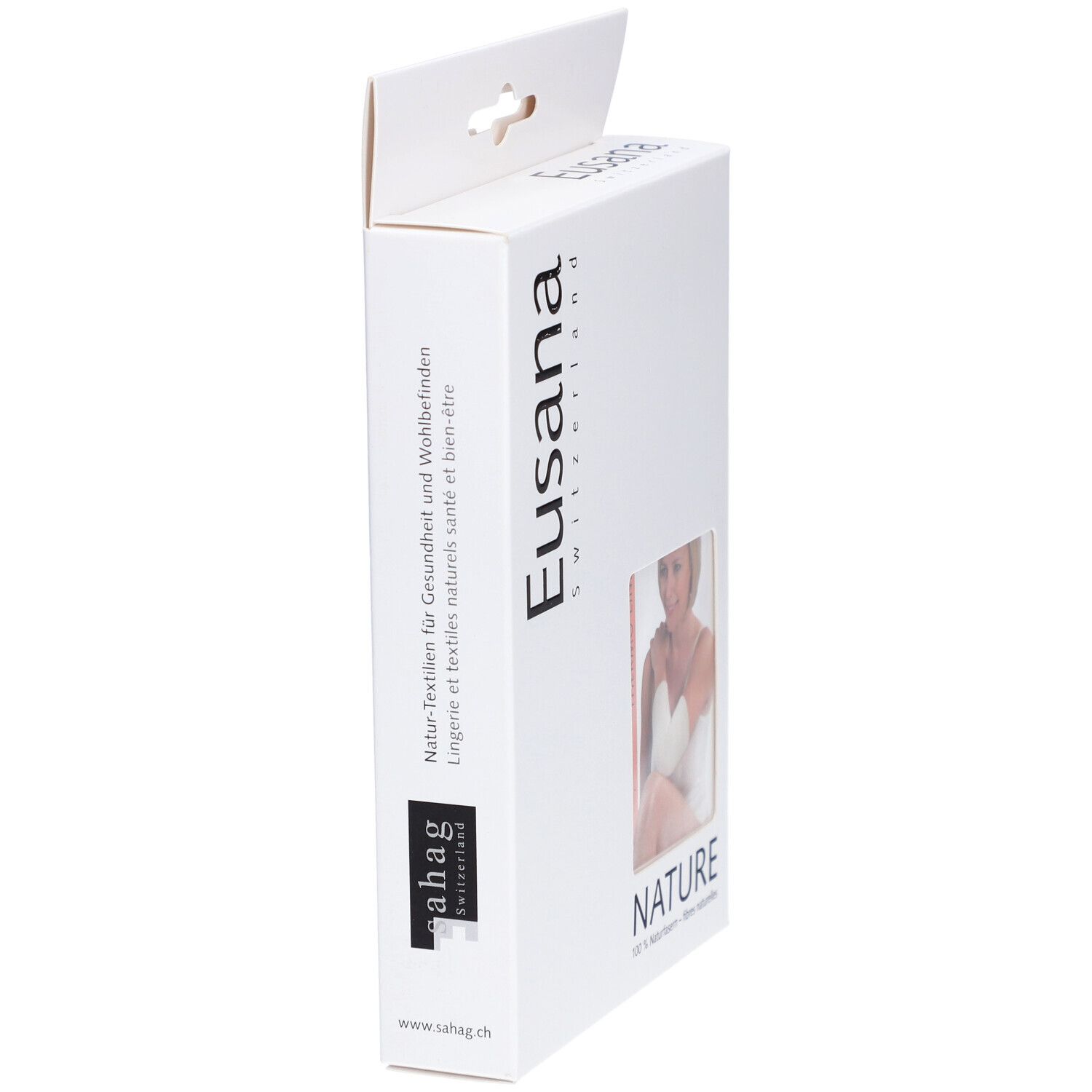 Vue latérale de l'emballage. Eusana, Suisse. Textiles naturels pour la santé et le bien-être.