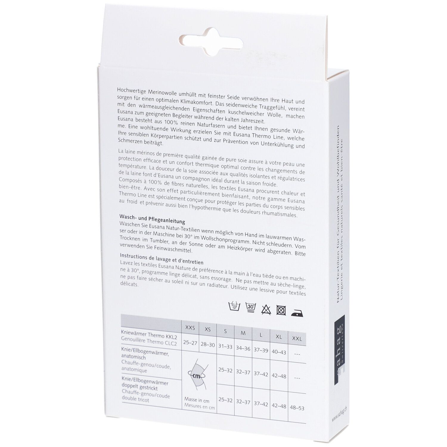 Dos de l'emballage. Texte sur le matériau, conseils d'entretien et tableau des tailles.