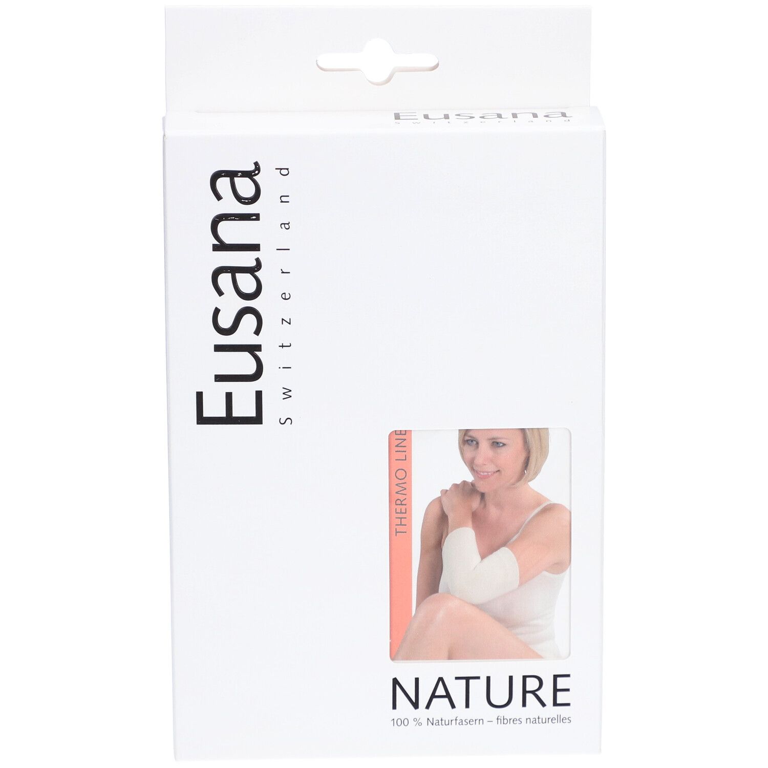Emballage Eusana, Suisse. Thermo Line, fibres naturelles. Image du produit et femme.