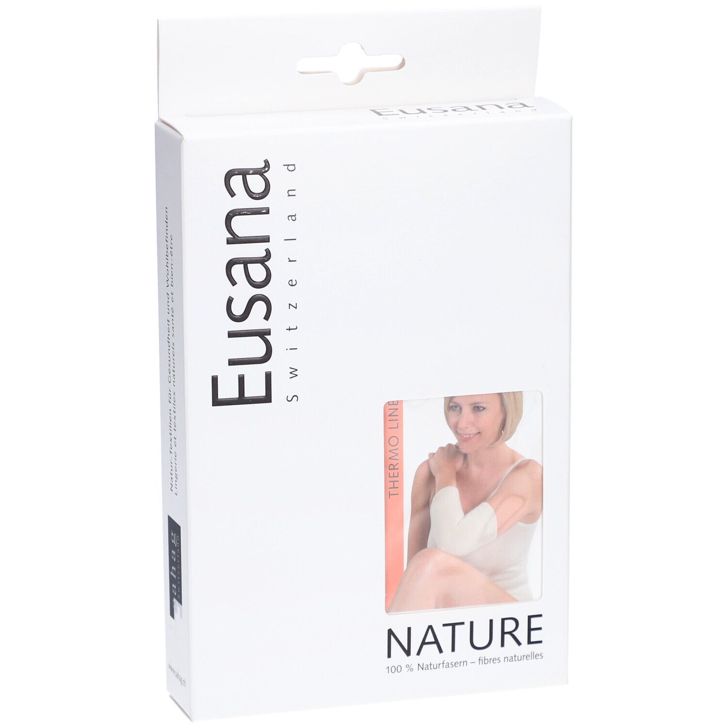 Emballage Eusana, Suisse. Thermo Line, fibres naturelles. Image du produit et femme.