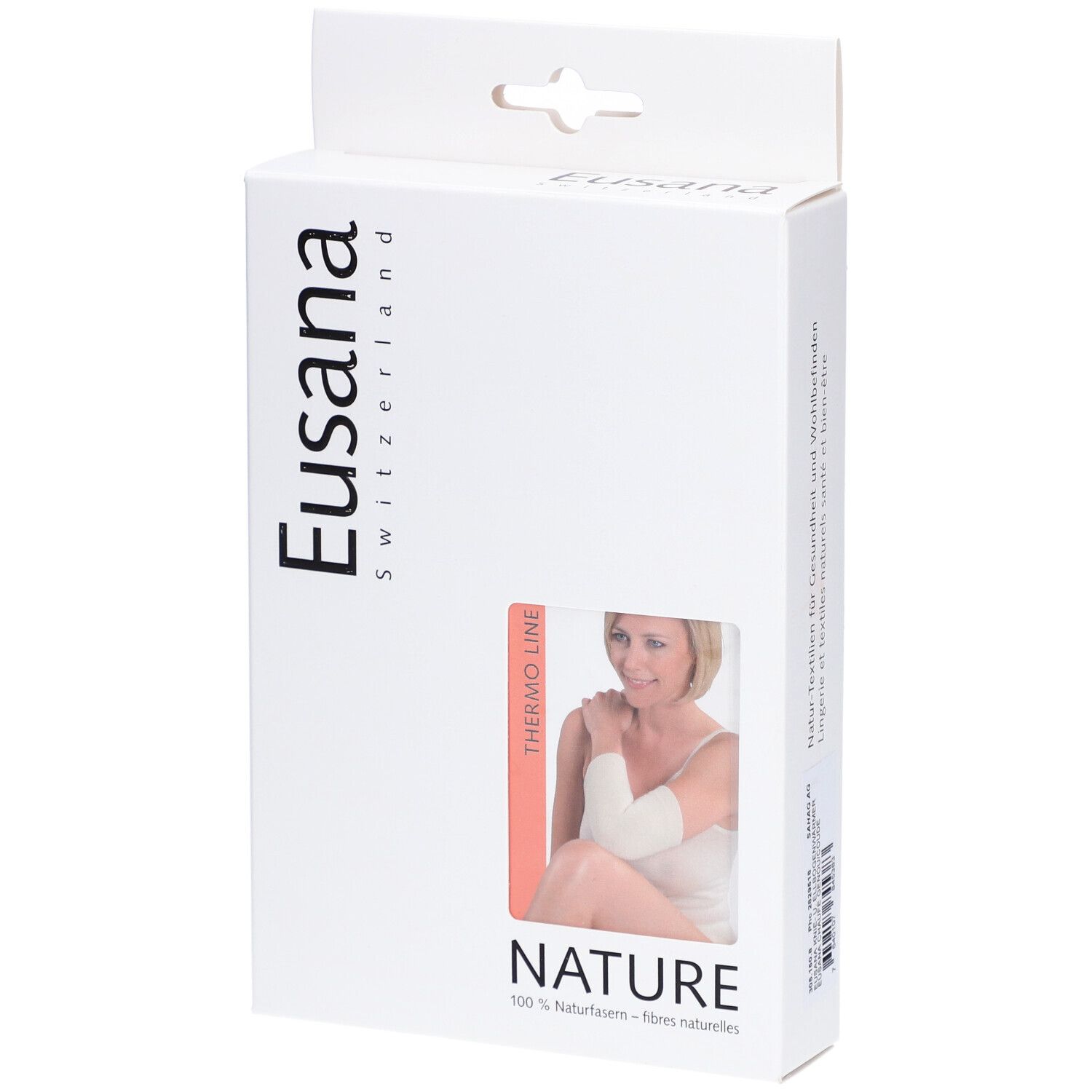 Emballage blanc Eusana. Image d'un produit et d'une femme portant une attelle au bras. Thermo Line et Nature sont visibles.