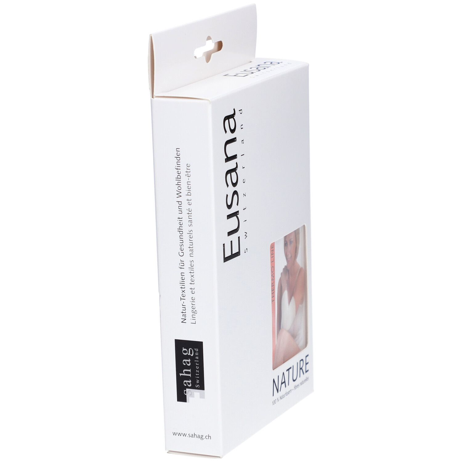 Vue latérale de l'emballage blanc. Logo Eusana, texte sur la santé et le bien-être, et logo ahag.
