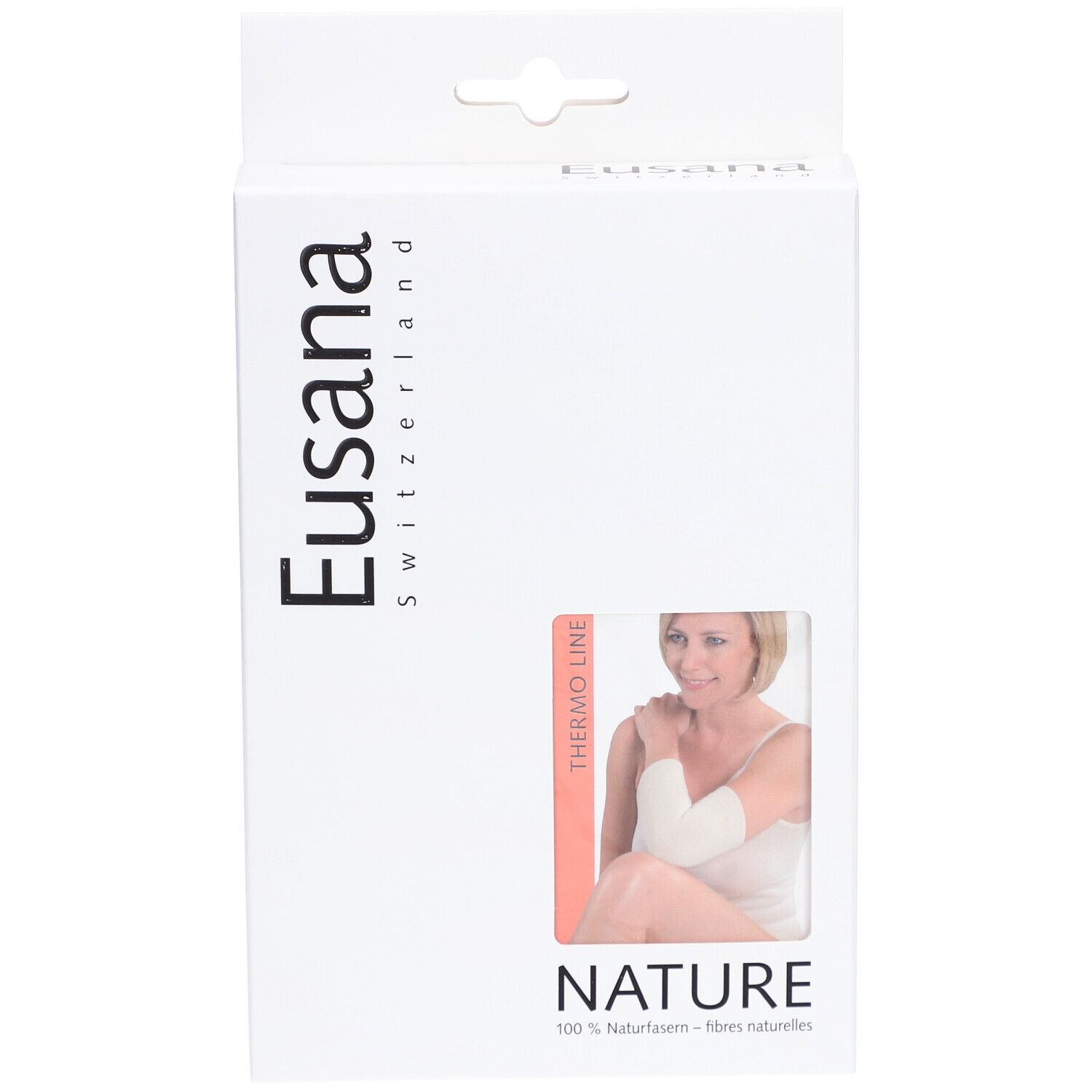 Emballage blanc Eusana. Image d'un produit et d'une femme portant une attelle au bras. Thermo Line et Nature sont visibles.
