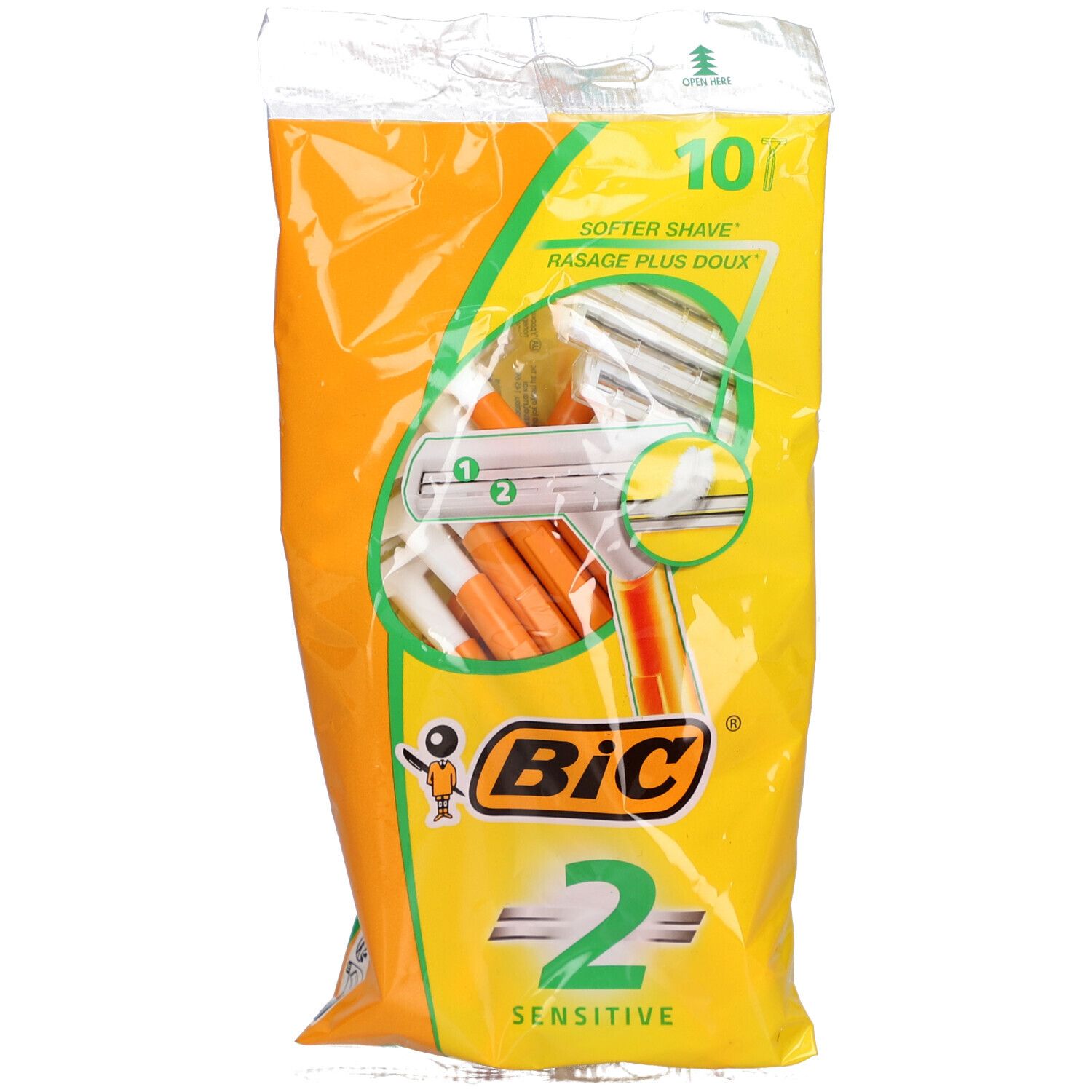 Emballage de rasoirs. Sachet jaune et orange avec image du produit et logo "BiC". Inscription "2 Sensitive" et "10" visibles.