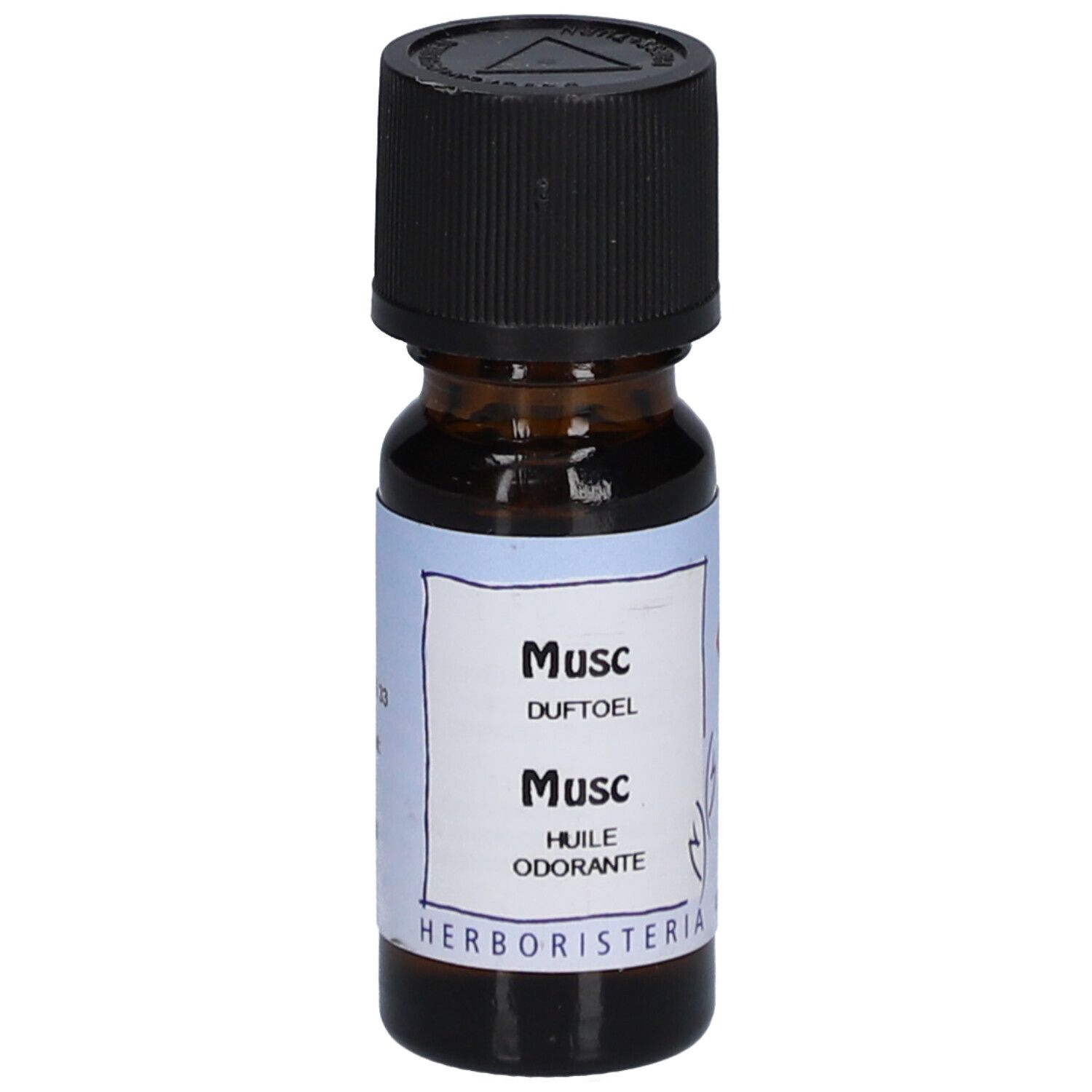 Flacon en verre brun avec bouchon noir. Étiquette "Musc" et "HERBORISTERIA".