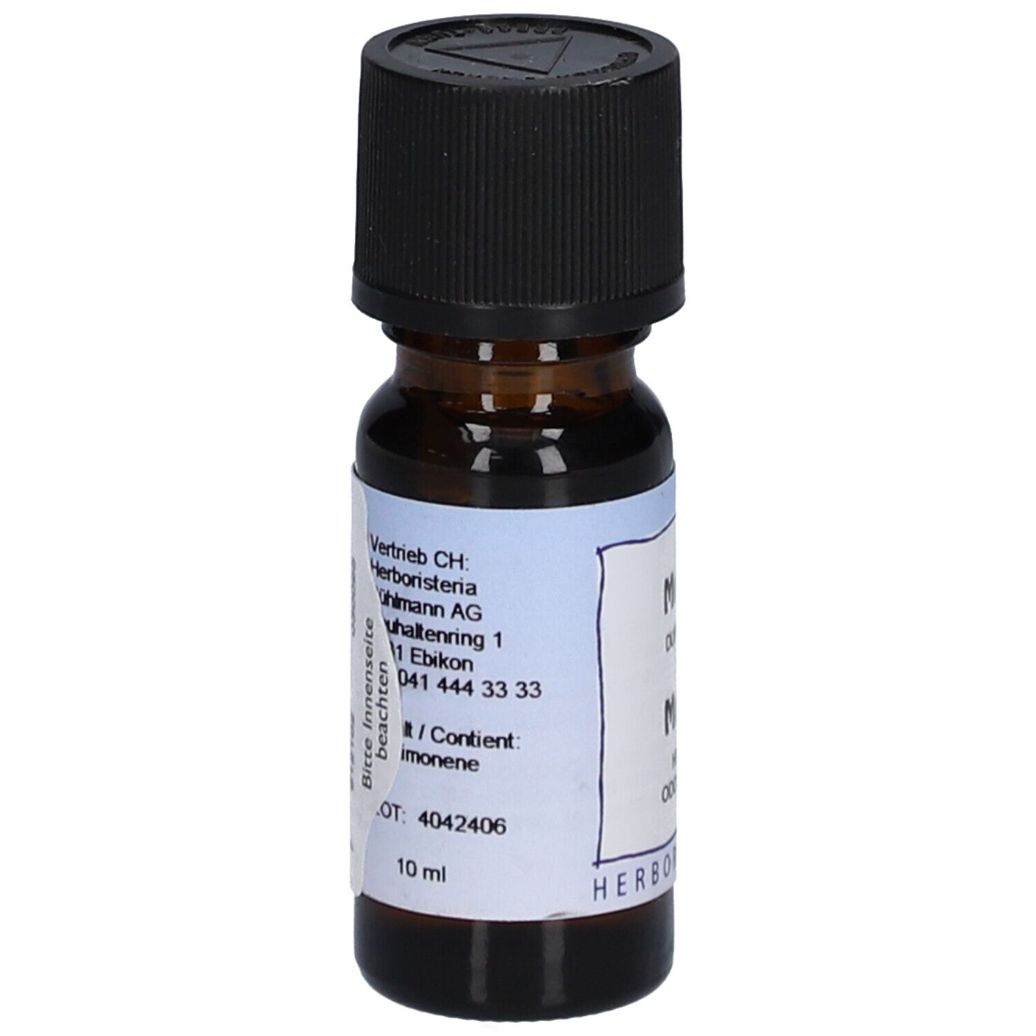 Flacon en verre brun avec bouchon noir. Étiquette avec informations et "10 ml".
