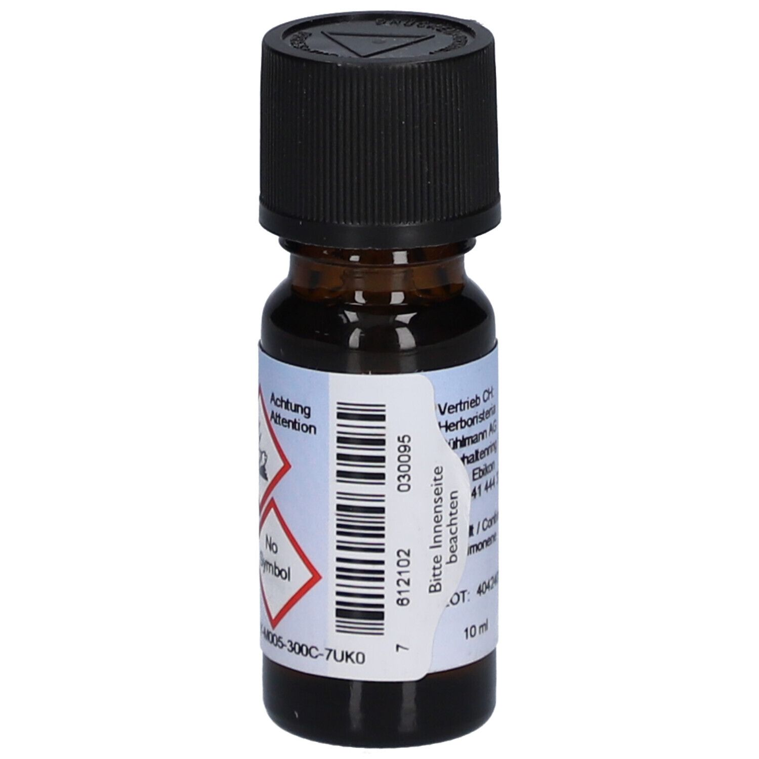 Flacon en verre brun avec bouchon noir. Étiquette avec symboles d'avertissement et code-barres.
