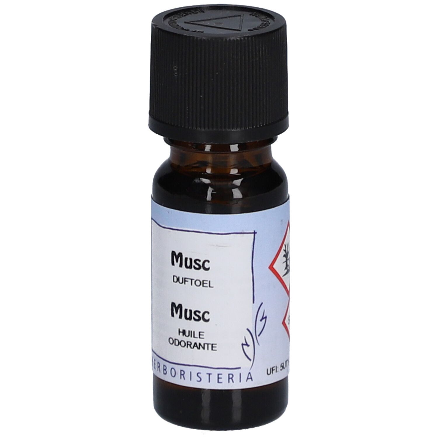 Flacon en verre brun avec bouchon noir. Étiquette "Musc", "HERBORISTERIA" et symboles de danger.
