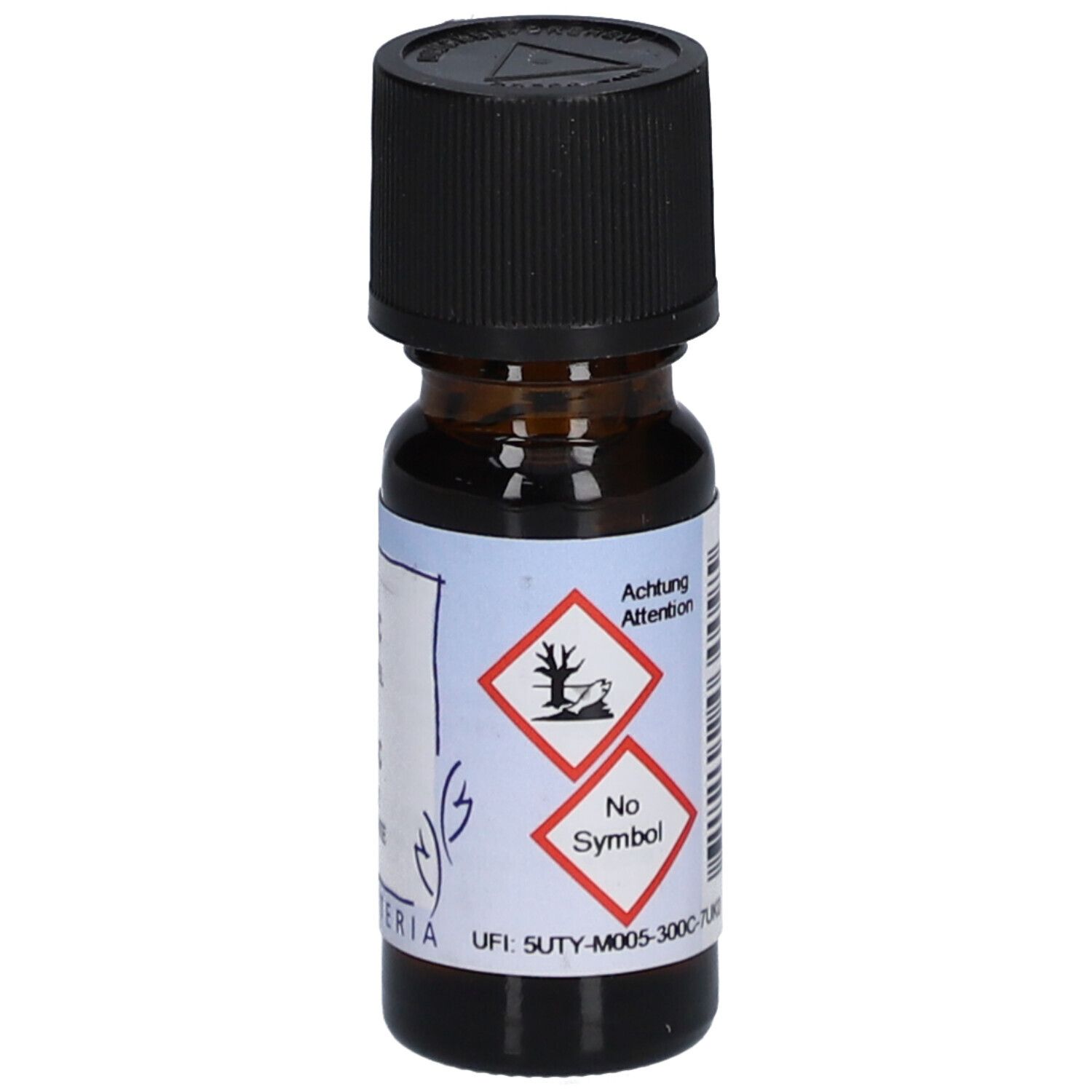 Flacon en verre brun avec bouchon noir. Étiquette avec symboles d'avertissement et "HERBORISTERIA".
