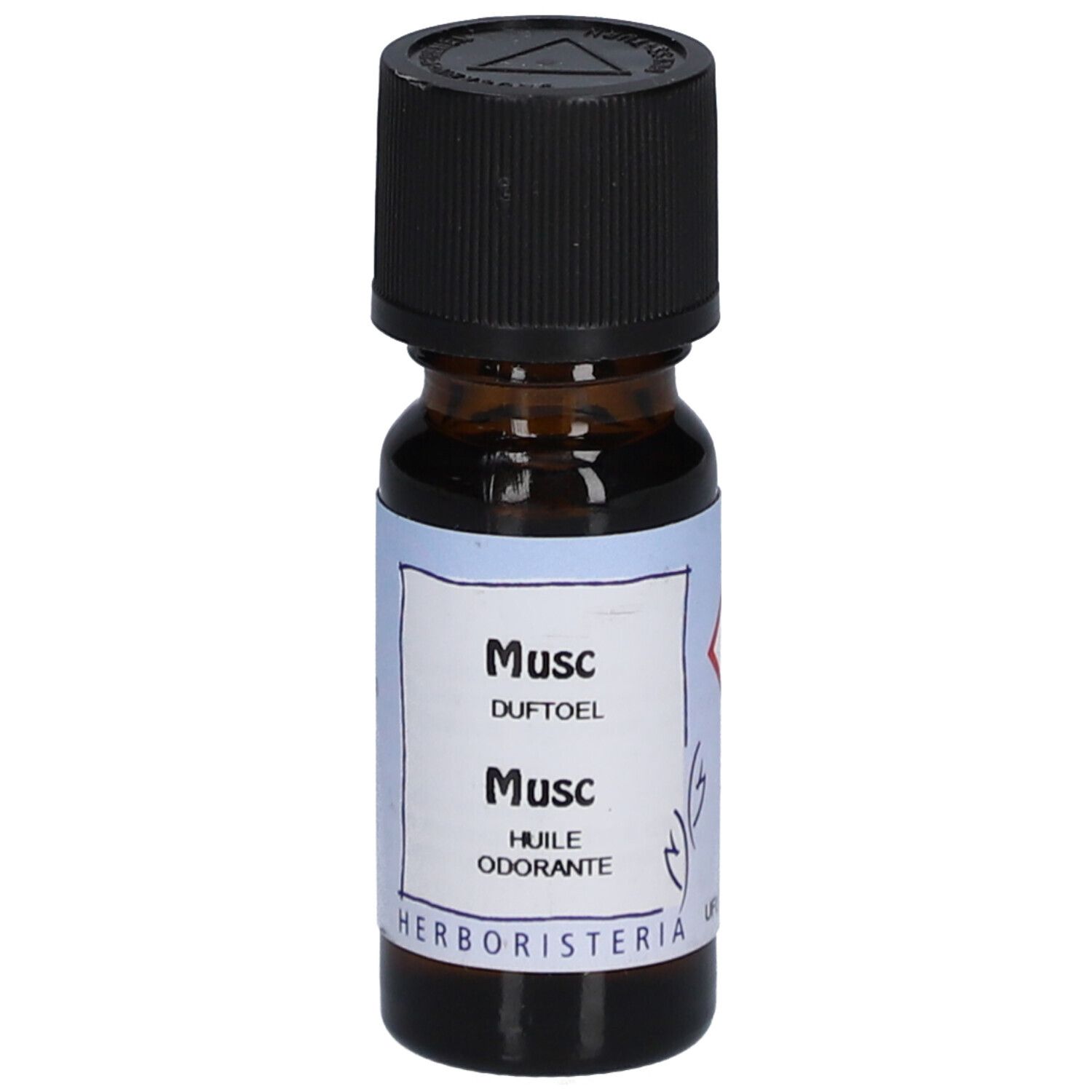 Flacon en verre brun avec bouchon noir. Étiquette "Musc" et "HERBORISTERIA".