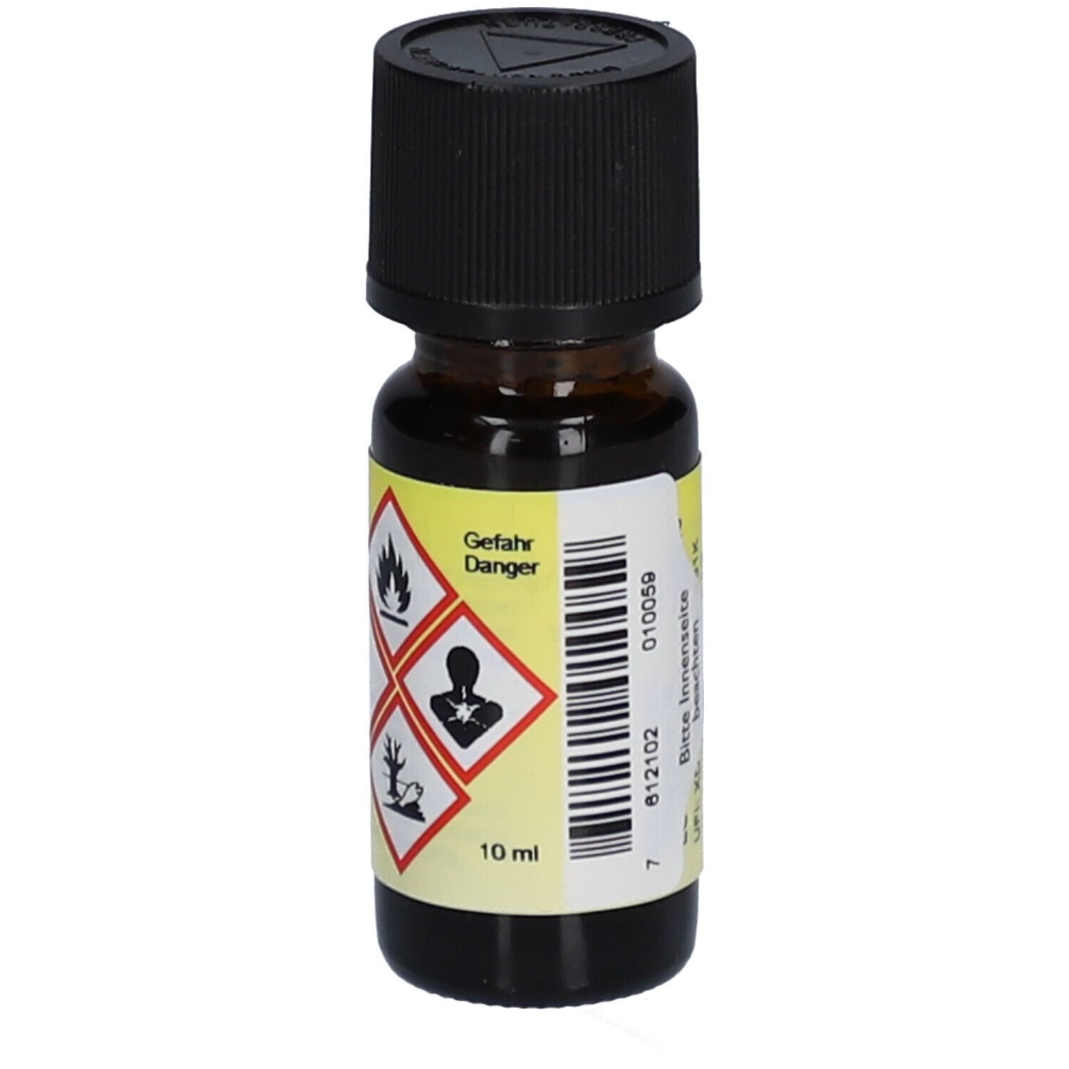 Flacon en verre brun avec bouchon noir. Étiquette avec symboles de danger et "10 ml".