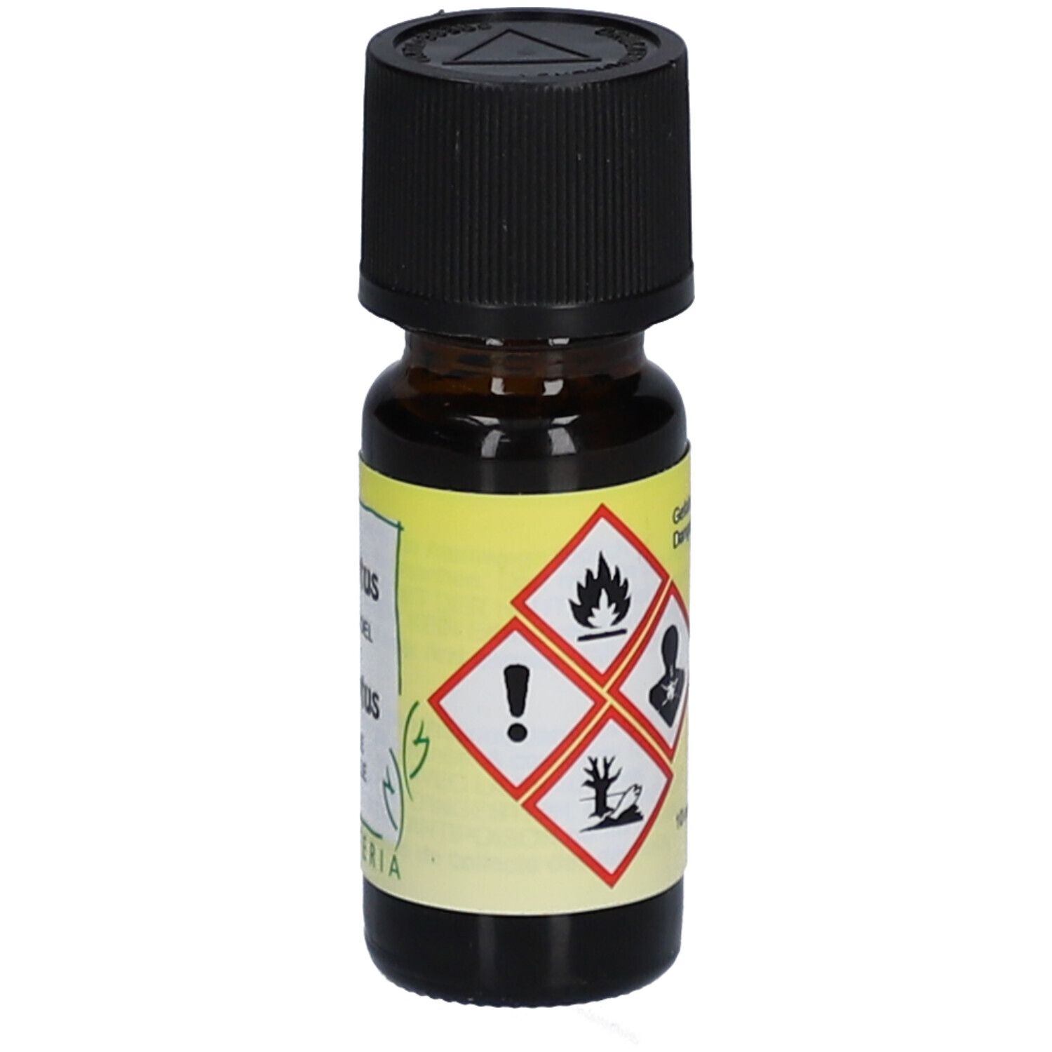 Flacon en verre brun avec bouchon noir. Étiquette avec symboles de danger et "HERBORISTERIA".
