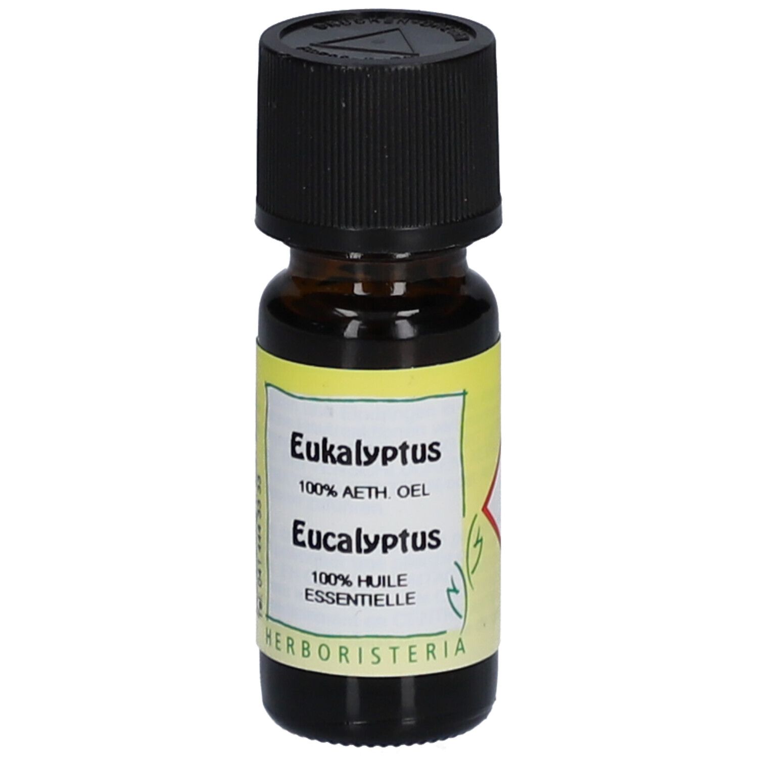 Flacon en verre brun avec bouchon noir. Étiquette "Eukalyptus" et "HERBORISTERIA".