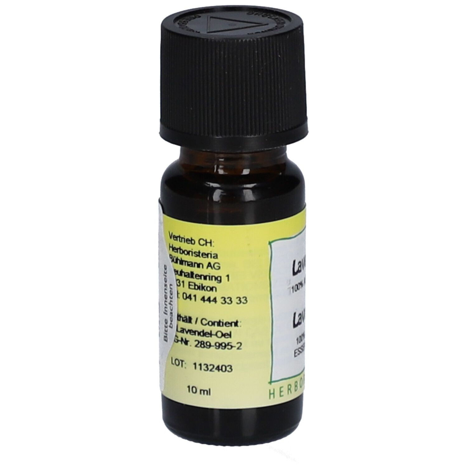 Flacon en verre brun avec bouchon noir. Étiquette avec informations produit et "10 ml".