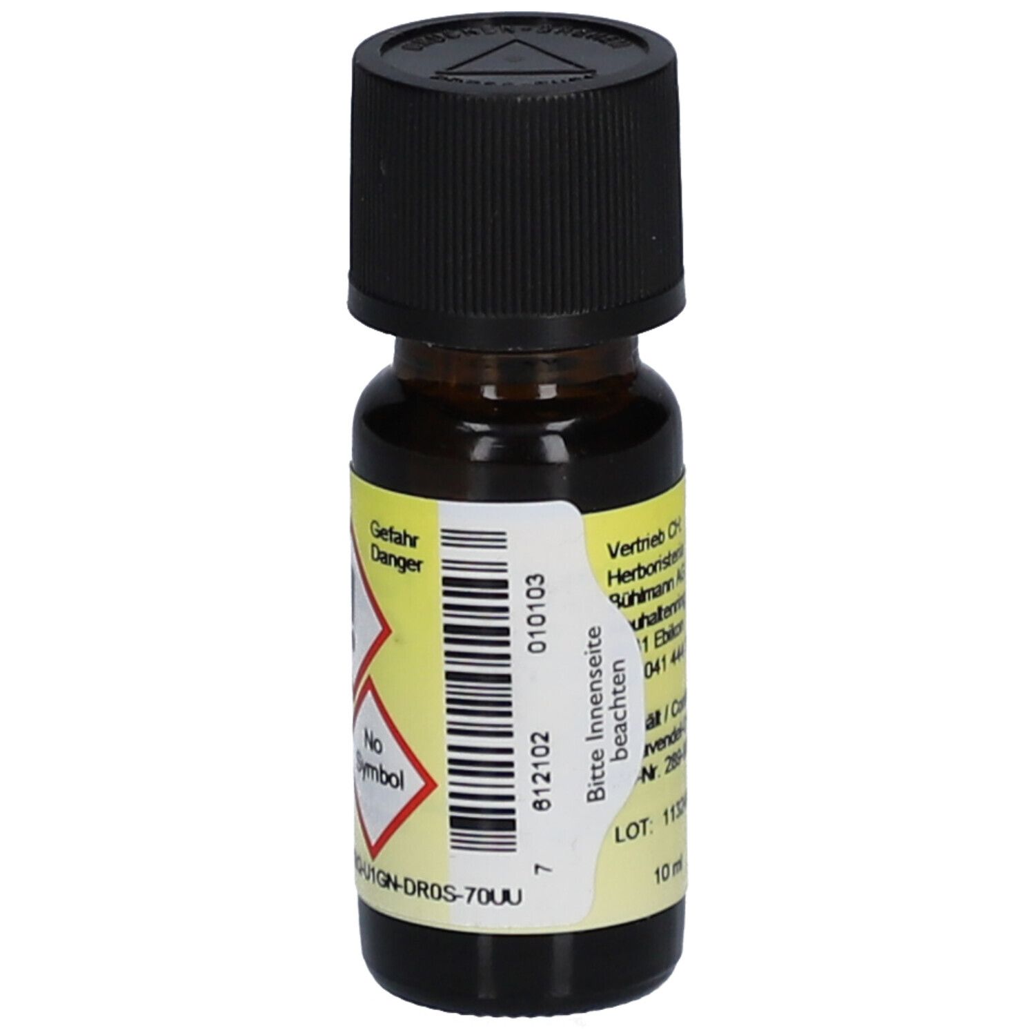 Flacon en verre brun avec bouchon noir. Étiquette avec symboles de danger et informations produit.