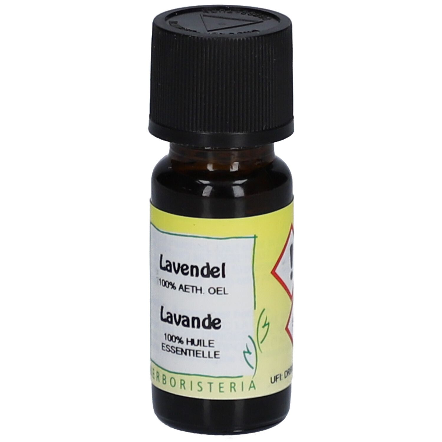 Flacon en verre brun avec bouchon noir. Étiquette avec "Lavande" et symboles de danger.