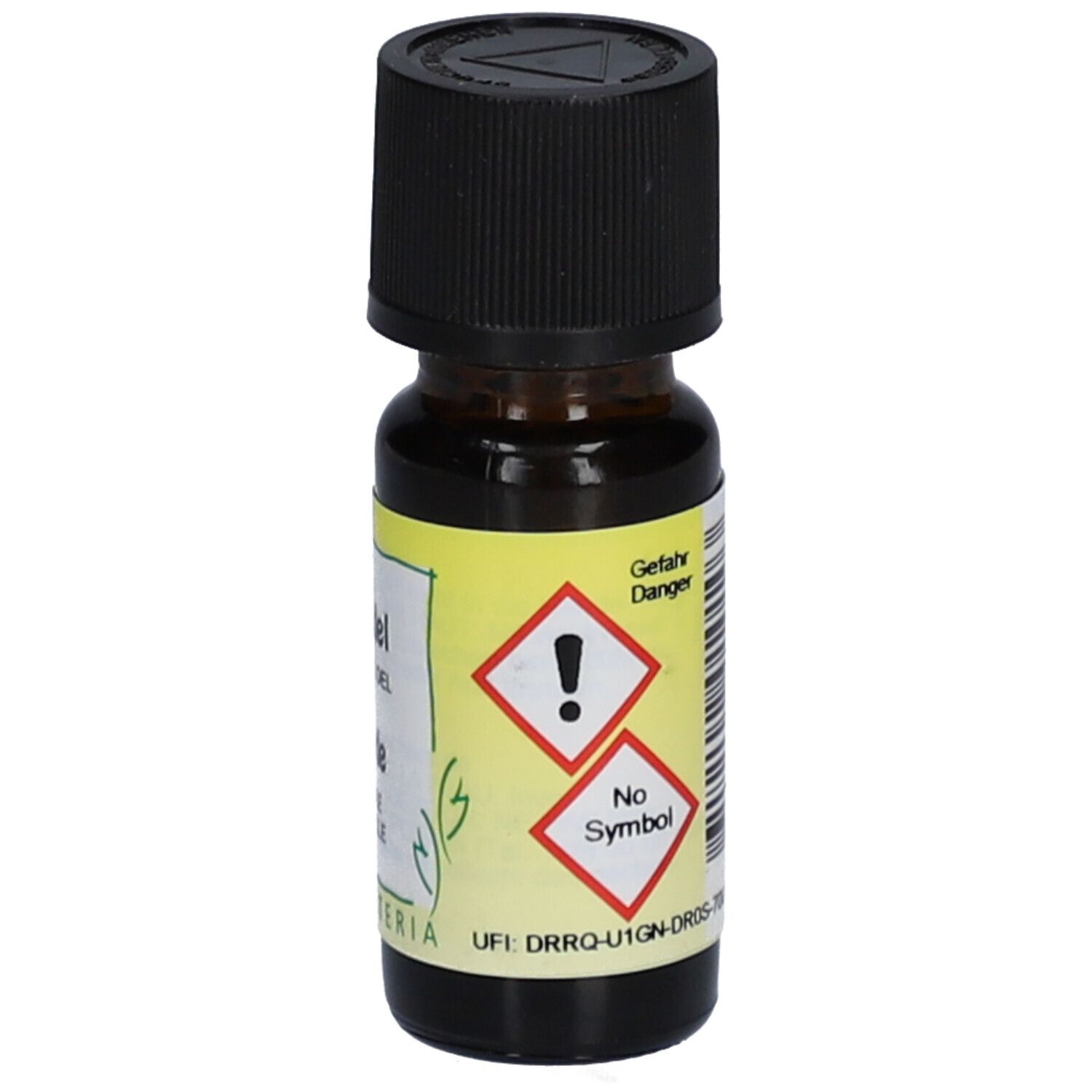 Flacon en verre brun avec bouchon noir. Étiquette avec symboles de danger.