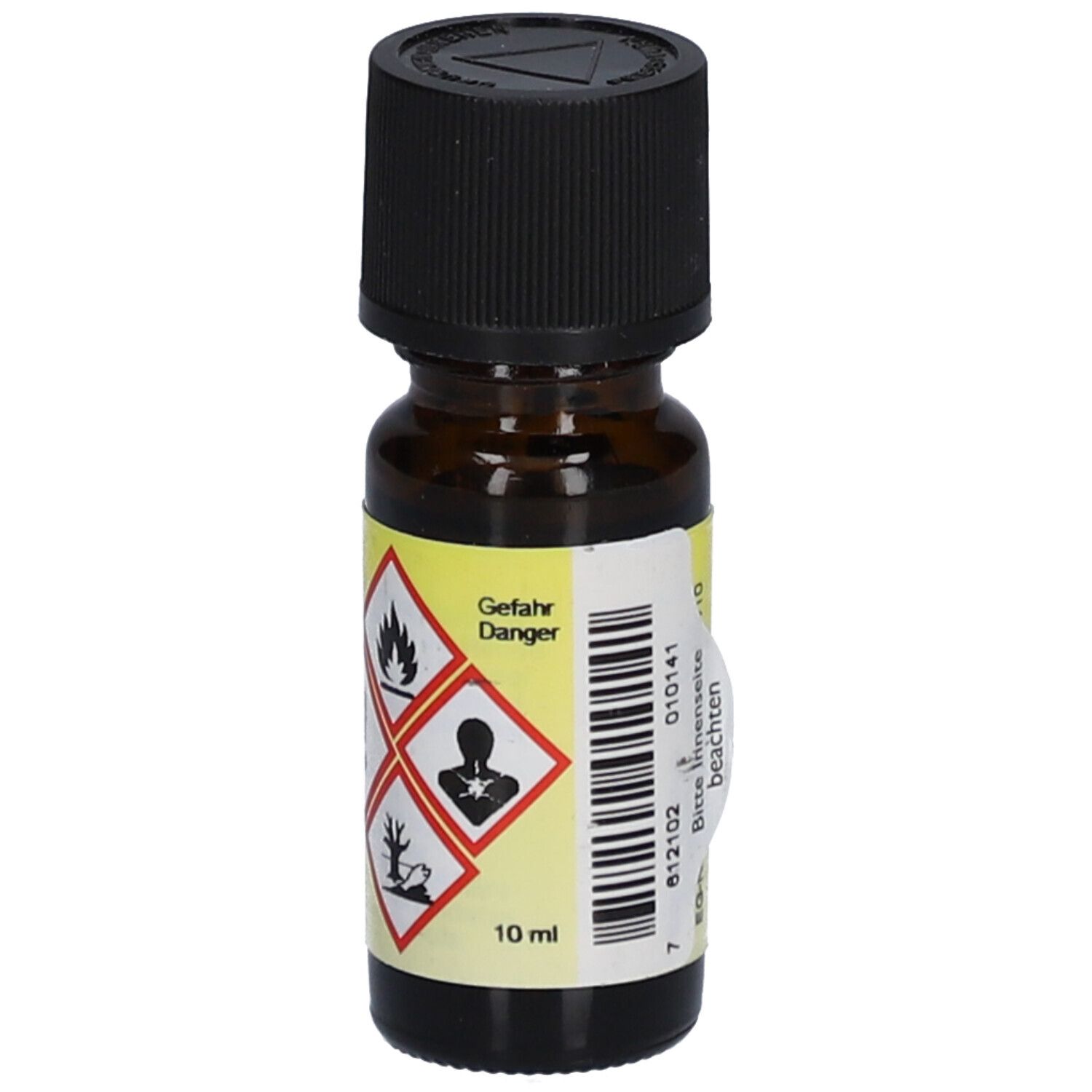Flacon en verre brun avec bouchon noir. Étiquette avec symboles de danger et texte: 10 ml. Marque: HERBORISTERIA. Avertissements visibles.