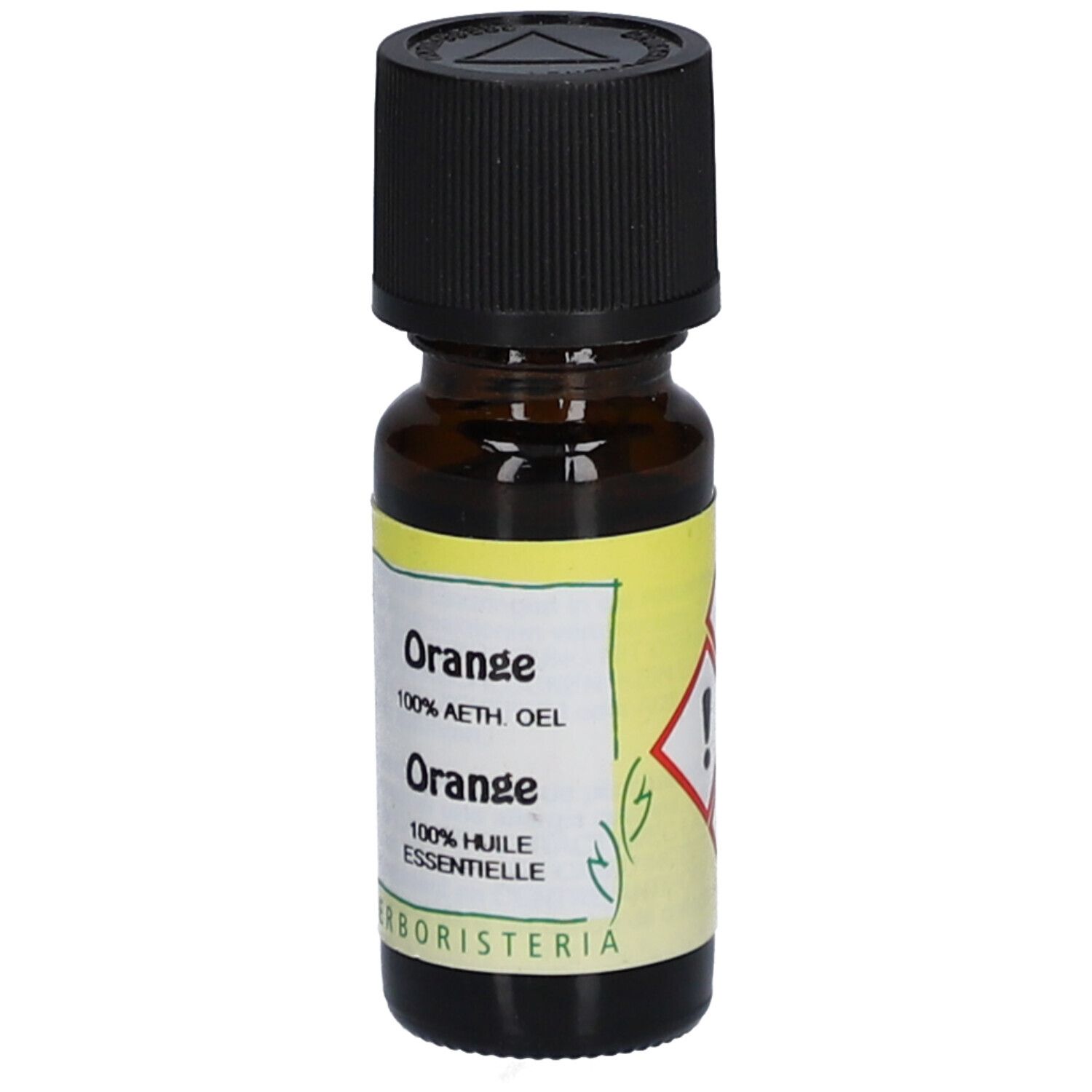 Flacon en verre brun avec bouchon noir. Étiquette avec texte: Orange, 100% AETH. OEL, 100% HUILE ESSENTIELLE. Marque: HERBORISTERIA. Avertissement.