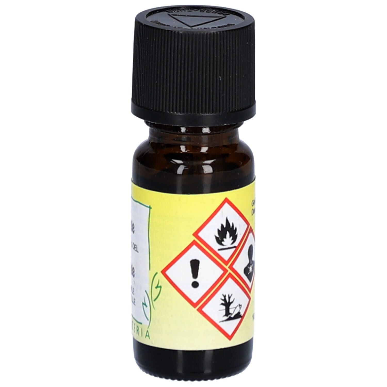 Flacon en verre brun avec bouchon noir. Étiquette avec texte: Orange, 100% AETH. OEL, 100% HUILE ESSENTIELLE. Marque: HERBORISTERIA. Avertissements.