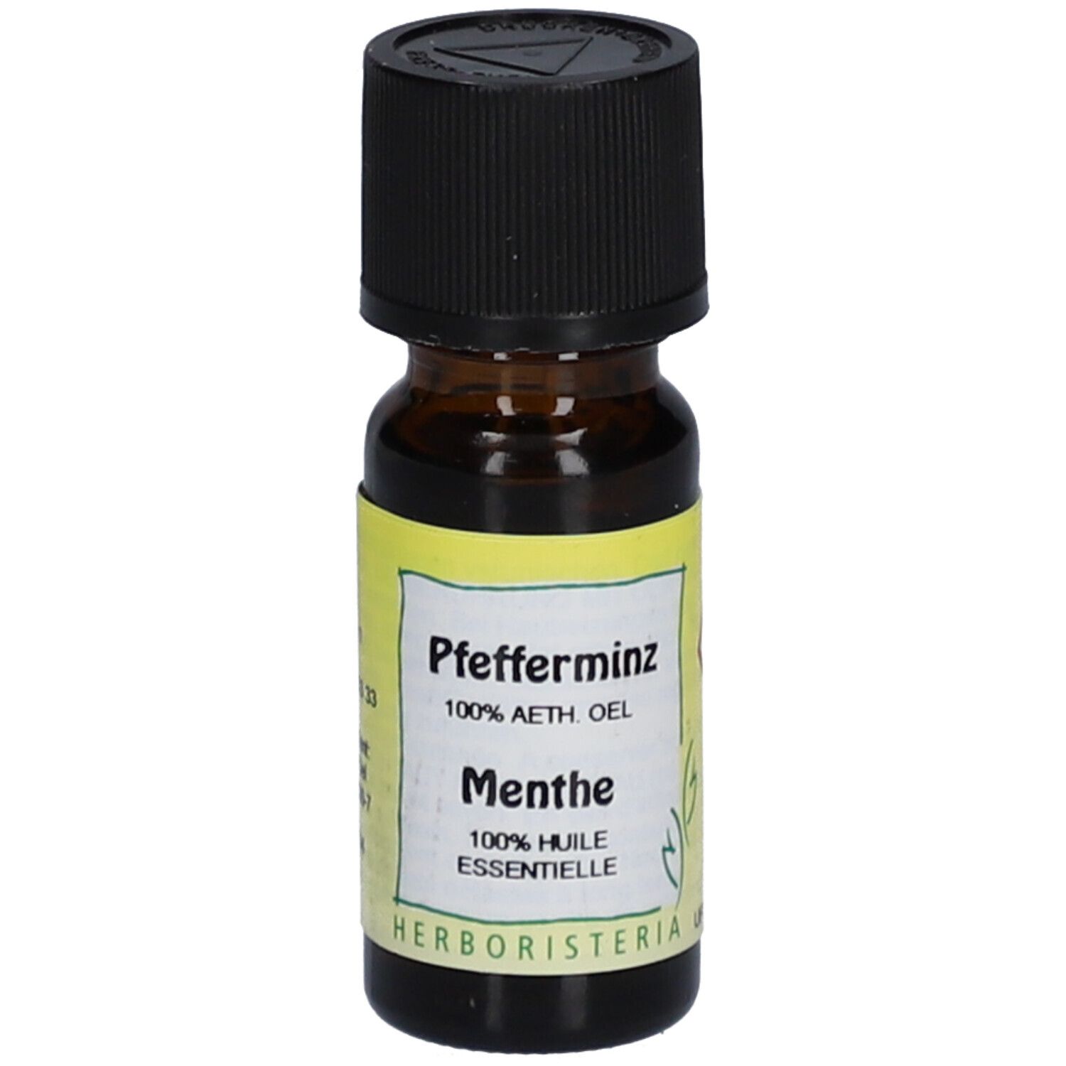 Flacon en verre brun avec bouchon noir et étiquette jaune. Inscription : Pfefferminz, Menthe, 100% huile essentielle.