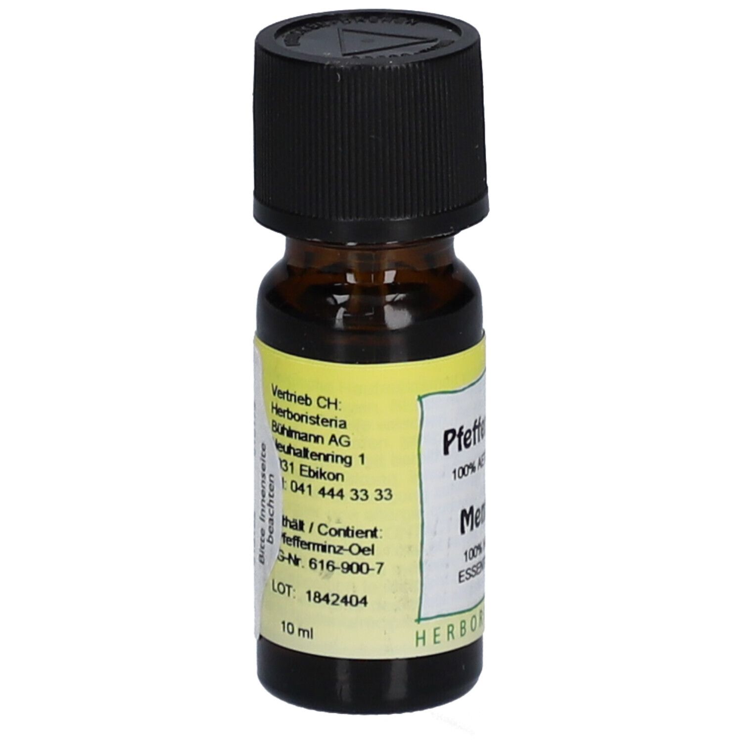 Flacon en verre brun avec bouchon noir et étiquette jaune. Contient des informations sur le fabricant, le contenu et le numéro de lot.