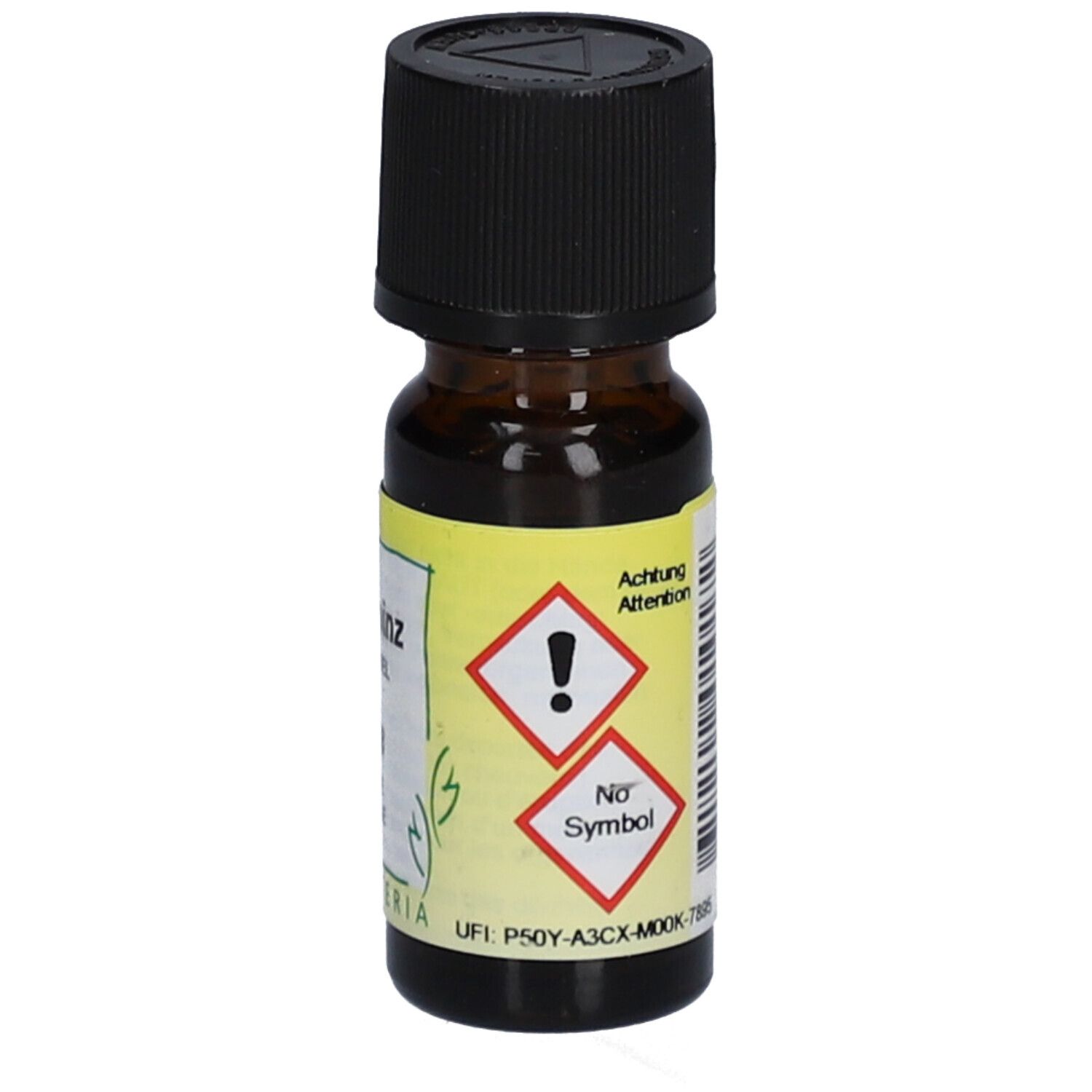 Flacon en verre brun avec bouchon noir et étiquette jaune. Avertissements et symboles de danger visibles.