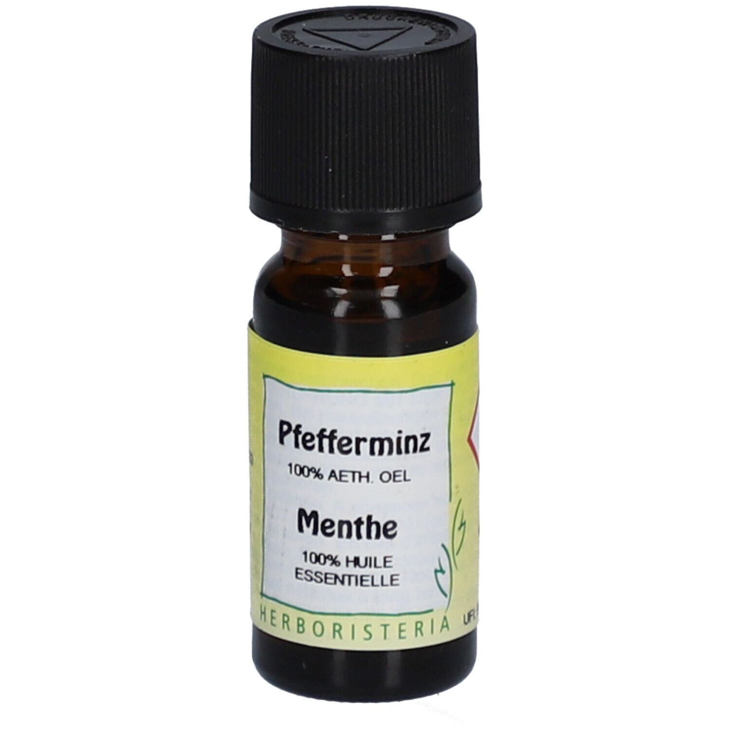 Flacon en verre brun avec bouchon noir et étiquette jaune. Inscription : Pfefferminz, Menthe, 100% huile essentielle.