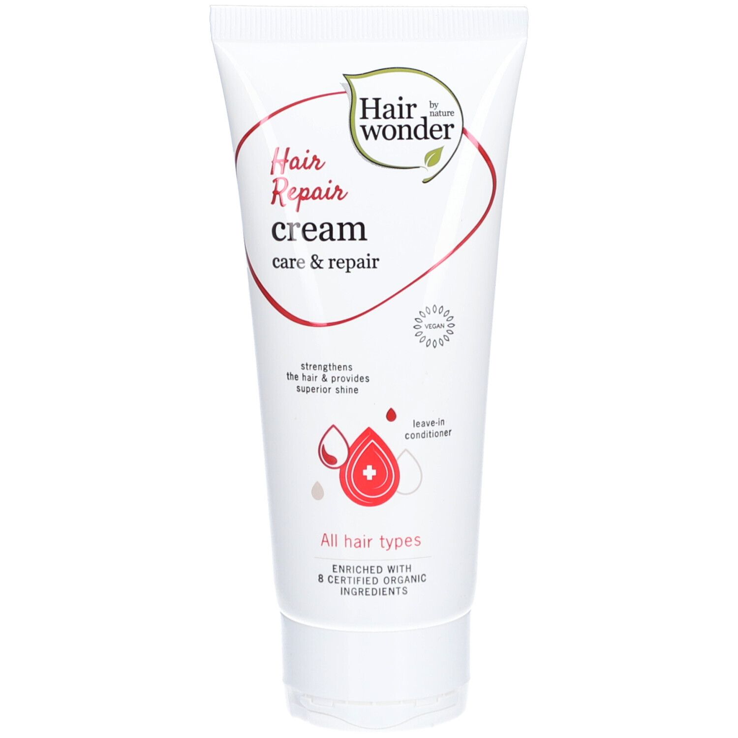 Tube blanc avec texte rouge: Hair Repair Cream. Contient 8 ingrédients bio certifiés. Pour tous types de cheveux.
