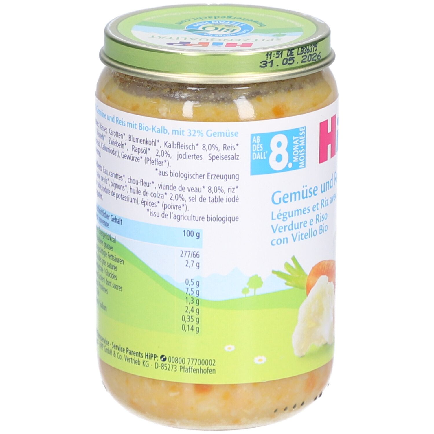 HIPP Pot pour bébé Légumes et Riz avec Veau Bio après 8 mois