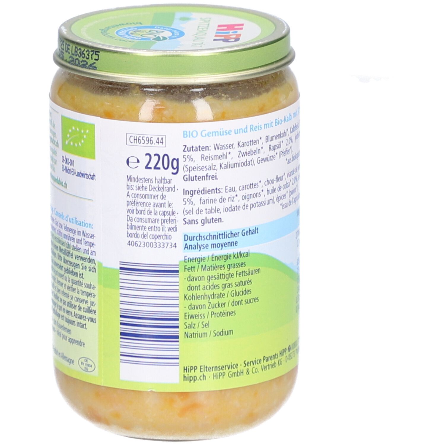 HIPP Pot pour bébé Légumes et Riz avec Veau Bio après 8 mois