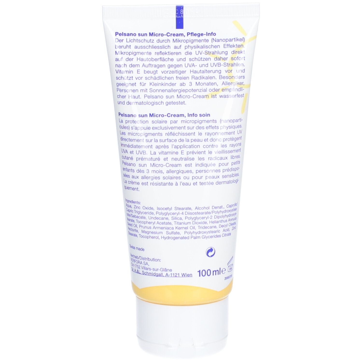 Dos du tube. Texte en allemand et français. Ingrédients et informations de soin. 100 ml.