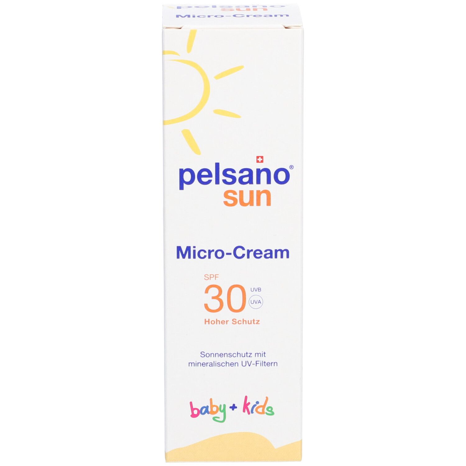 Boîte blanche avec logo soleil jaune. Inscription: PELSANO sun Micro-Cream SPF 30 Baby+Kids. Protection solaire et UV.
