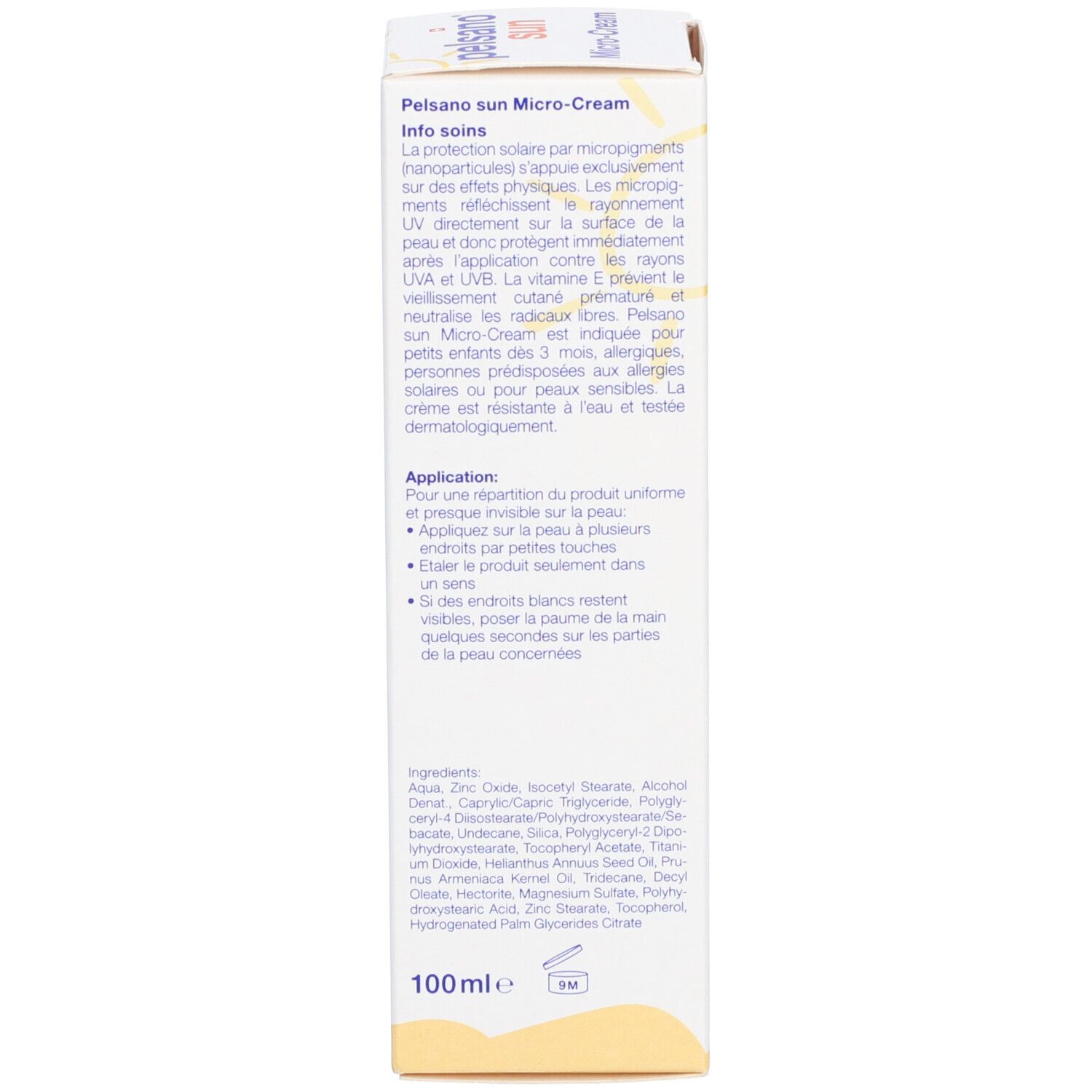 Dos de la boîte. Texte en allemand et français. Conseils d'utilisation et ingrédients. 100 ml.