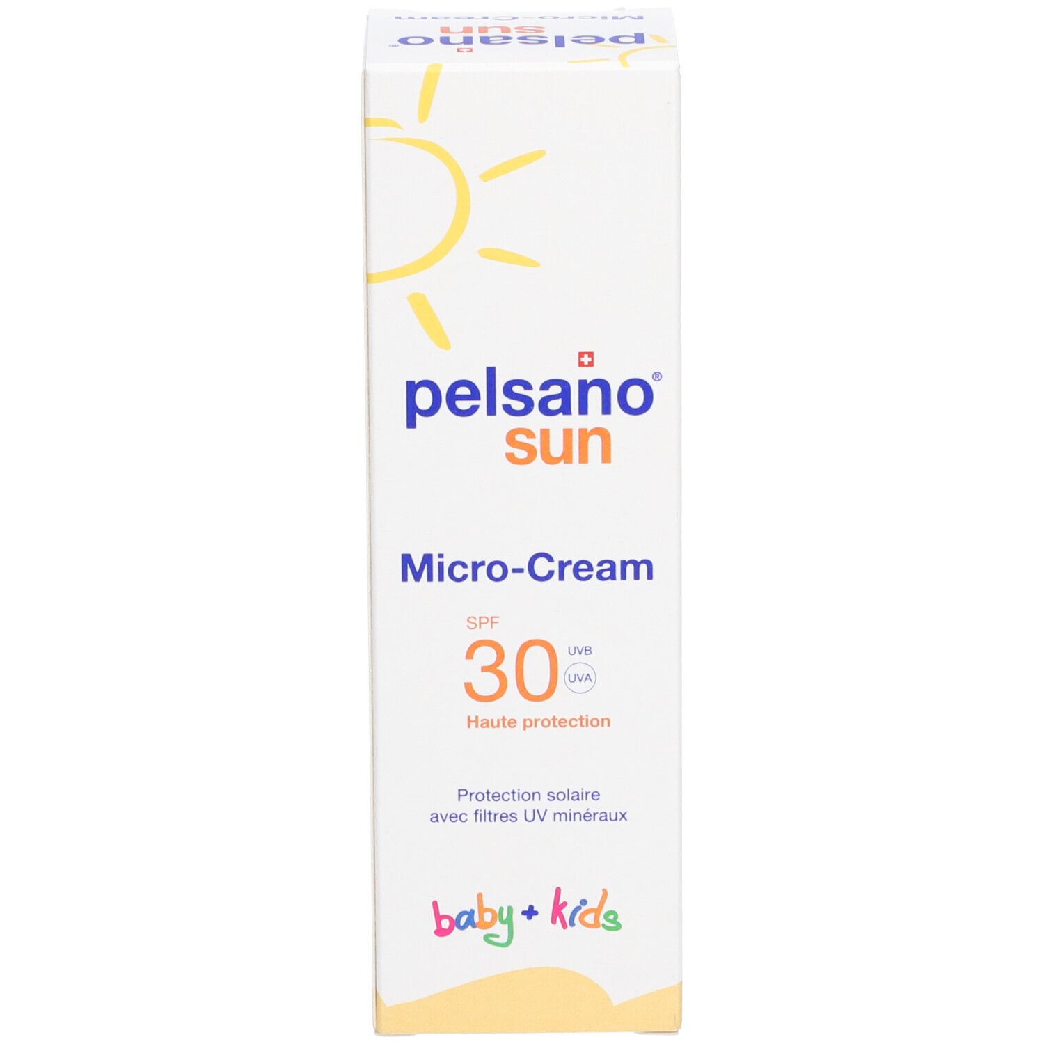 Boîte blanche avec logo soleil jaune. Inscription: PELSANO sun Micro-Cream SPF 30 Baby+Kids. Haute protection.