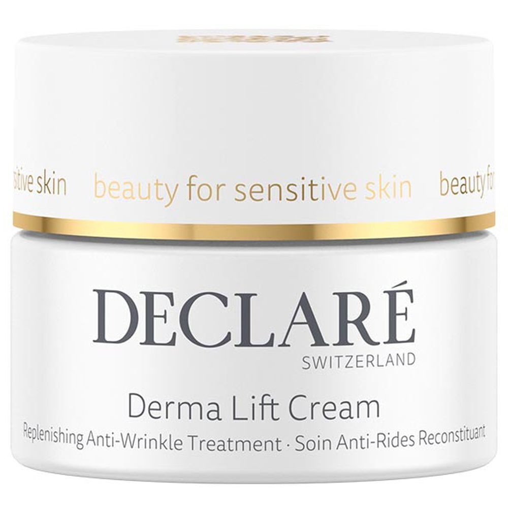 Pot blanc avec couvercle doré. Inscription : DECLARÉ, Derma Lift Cream. Texte : Traitement anti-rides.