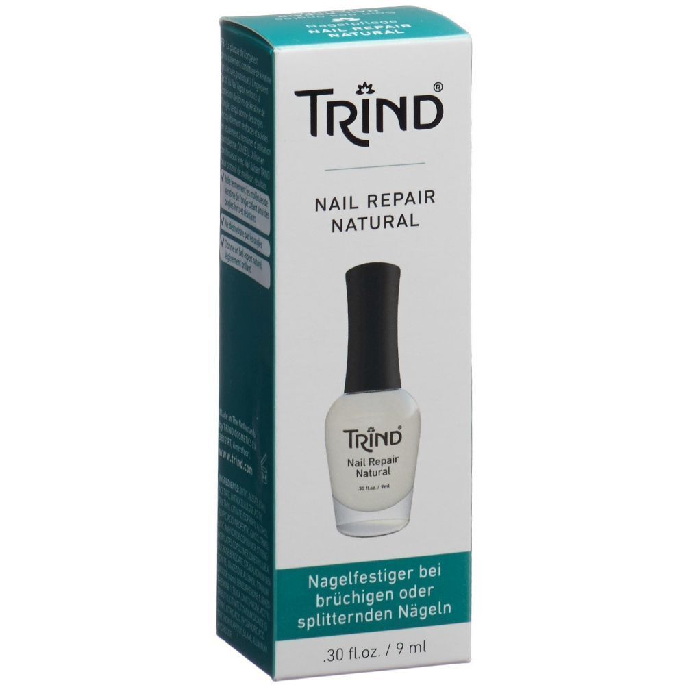 Emballage TRIND Nail Repair Natural. Flacon avec bouchon noir et contenu blanc. Texte: Vernis durcisseur pour ongles cassants ou mous.