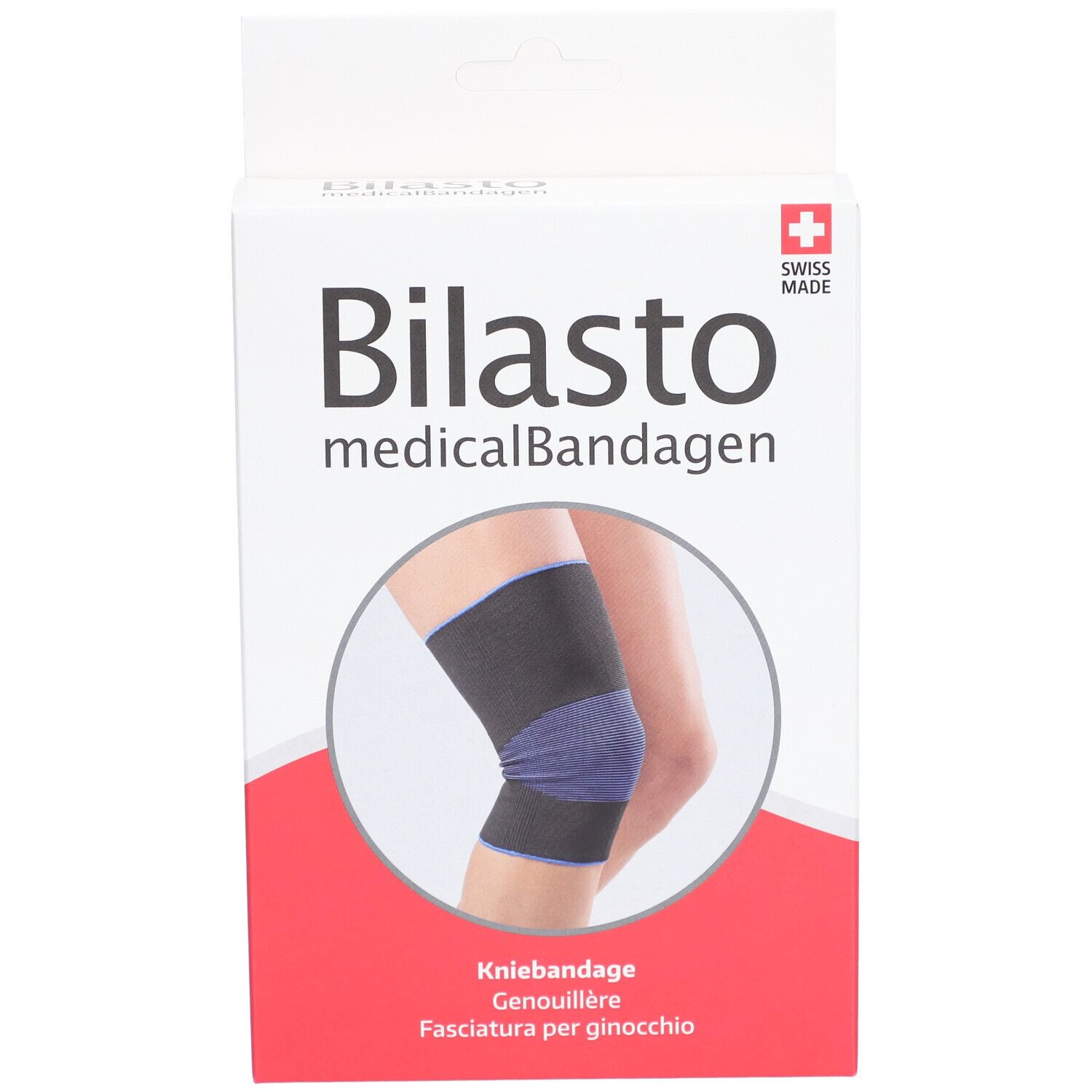 Boîte de genouillère Bilasto. Bandage médical. Image d'une genouillère sur une jambe. Noir/bleu.