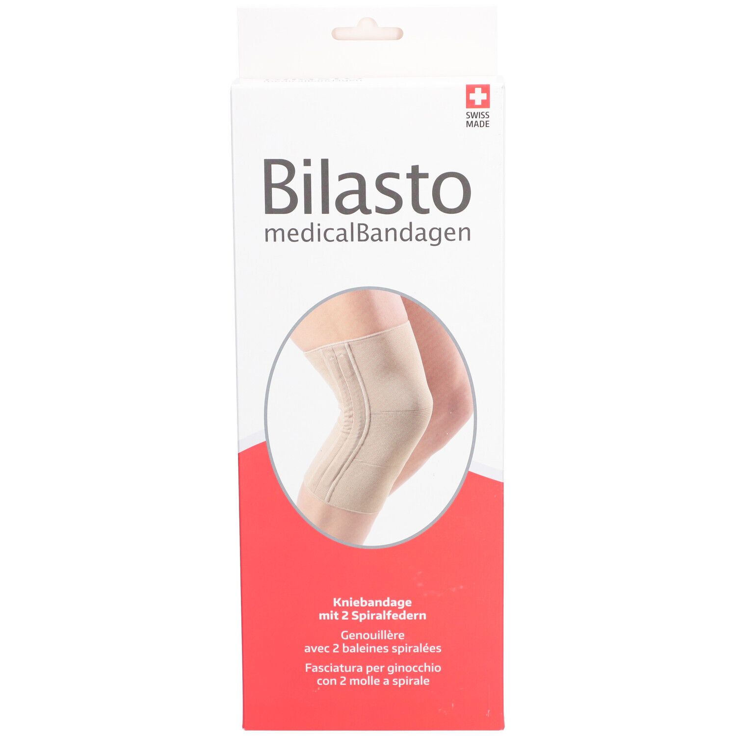 BILASTO bandage genou, emballage. Beige, ressorts hélicoïdaux. Logo Swiss Made.